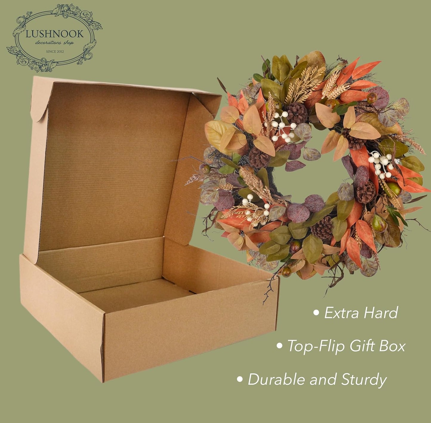 24" Fall Wreath for Front Door Handmade with Artificial Autumn Leaves, Natural Pinecones, Faux Berries and Wheat, Autumn Harvest Wreath Decoration for Home Farmhouse Door Wall Window Porch