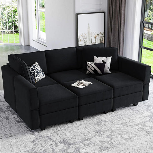 Belffin Modular Velvet Sectional Sofa with Chaise Lounge Sectional Sleeper Sofa with Storage Chaise Sofas Bed Couch for Living Room Black