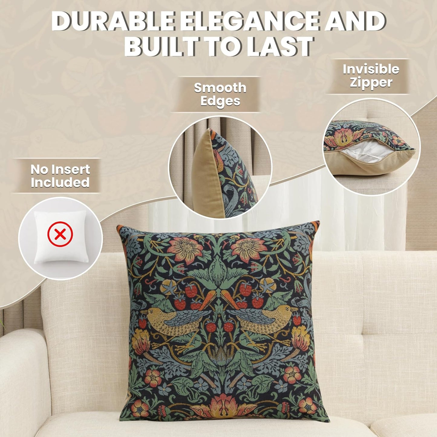 Charlotte Home Furnishings Throw Pillow Covers, Decorative Boho Pillow Covers for Couch, Living Room, Blue Strawberry Square Cushion Cases 18x18 in, European Cotton Jacquard Woven, Cozy Bedroom Decor