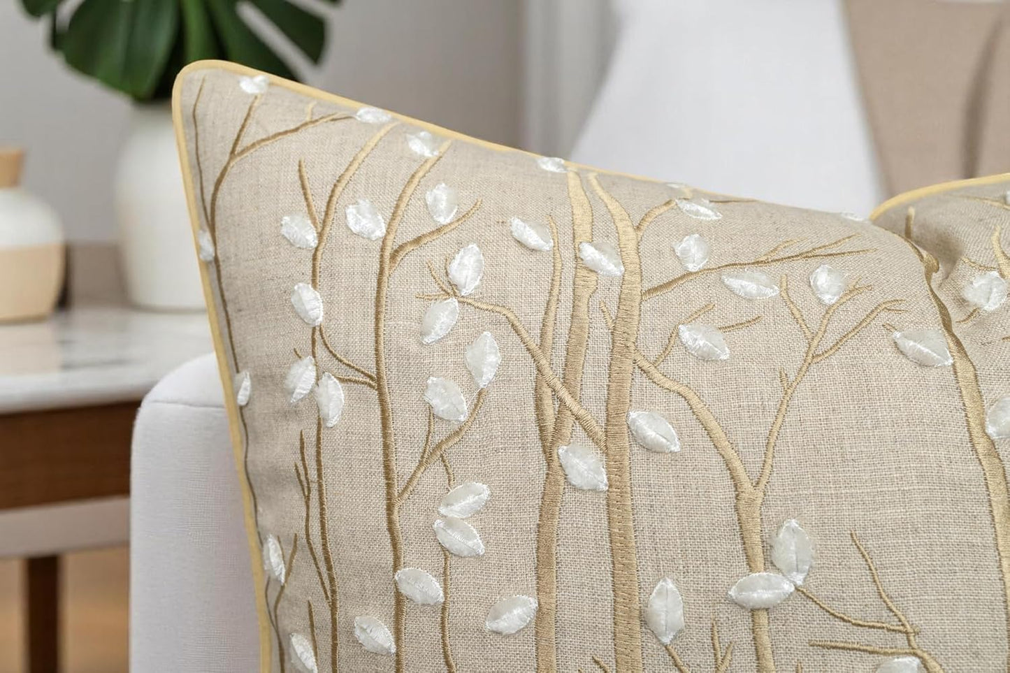 VAGMINE Embroidered Forest Throw Pillow Cover - 20x20 Inches Square - 100% Linen Natural Decorative Cushion Cover - Elegant Embroidery - Rustic Home Accent for Sofa, Bed, Couch, Farmhouse Décor