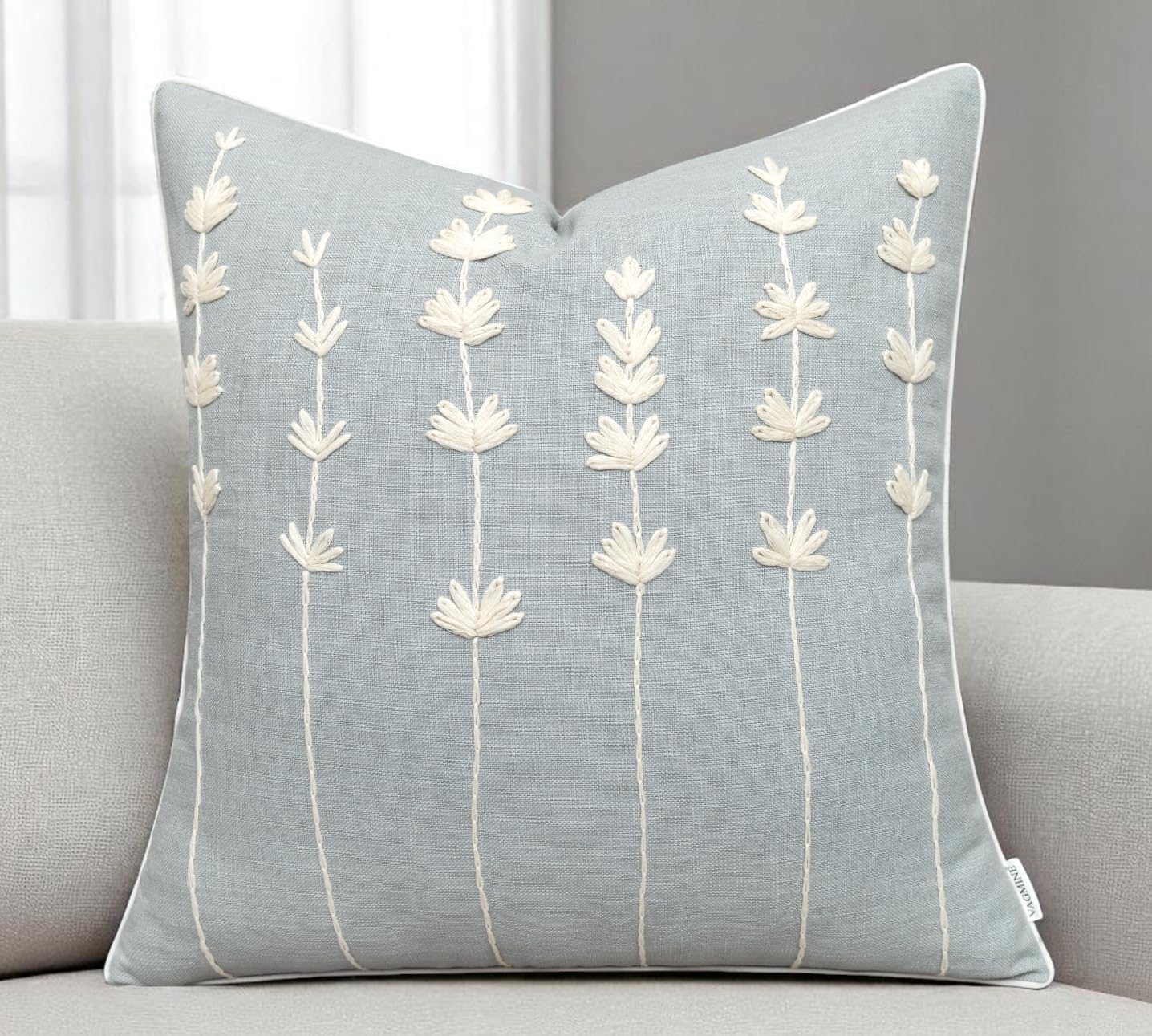 VAGMINE Hand Embroidered Daisy Accent Throw Pillow Cover - 20x20 Inches Square - 100% Cotton Robins Egg Decorative Cushion Cover for Couch, Sofa, Chair - Textured Embroidery - Boho Floral Home Décor