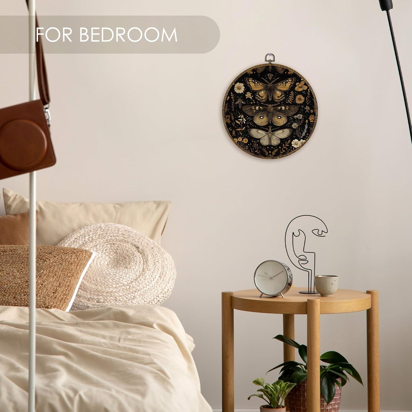 Fewgb Black Gothic Moth Round Wall Art Decor Framed for Gallery Bedroom Living Room Bathroom, Dark Witchy Butterfly Flower Canvas Wall Art Prints Picture, Moody Floral Hanging Room Decor Artwork 10x10