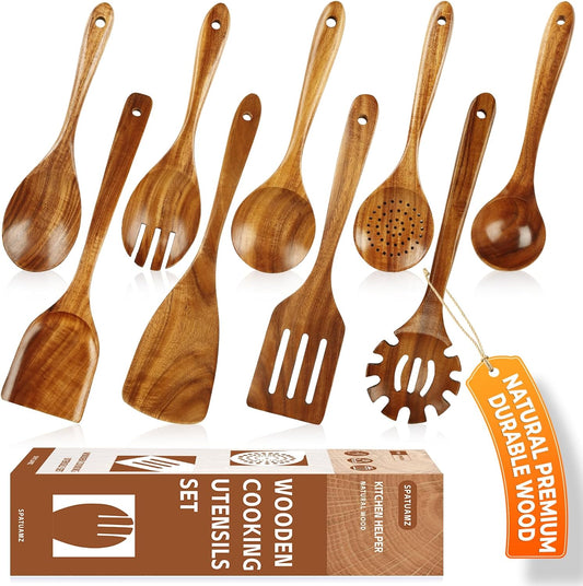 SPATUAMZ Wooden Kitchen Utensils Set, Smooth Finished Wooden Spoons for Cooking, Natural Teak Cooking Utensils Set of 9 for Nonstick Pans and Cookware