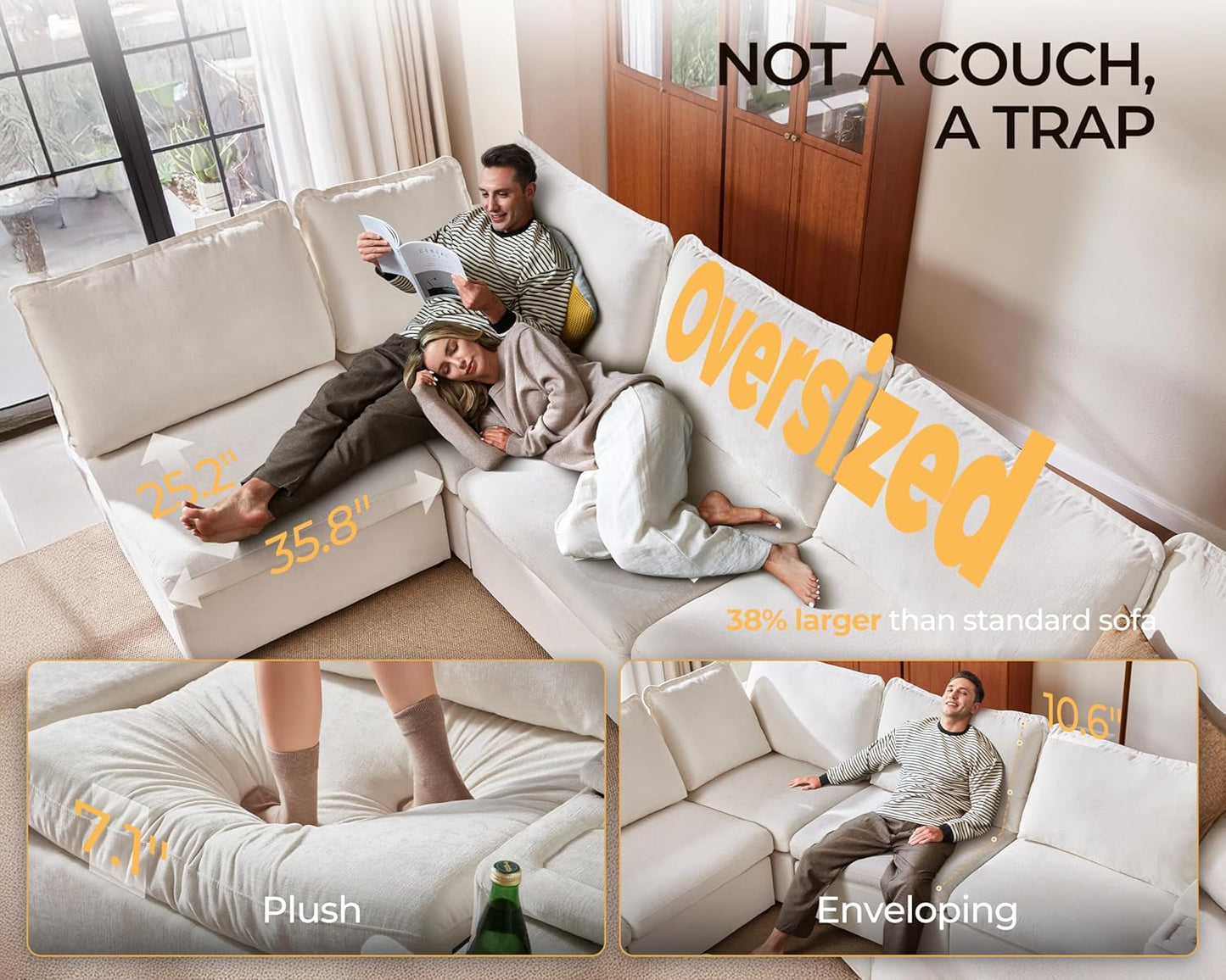 Oversized Modular Sofa Comfy Cloud Couch with Storage, Extra Deep Plush Sectional Sofa Set for Living Room, Covers Washable, Chenille, Olar (White, 6-Seater with 3 Ottomans, Sleeper)