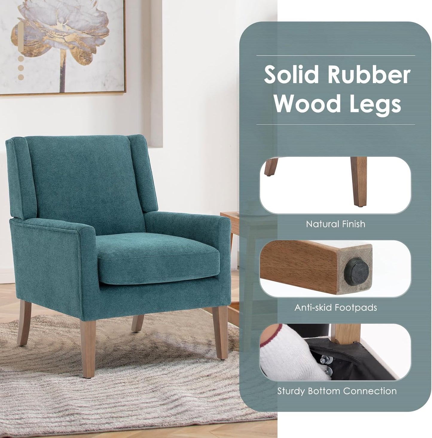 COLAMY Modern Wingback Living Room Chair Set of 2, Upholstered Fabric Accent Armchair, Single Sofa Chair with Lounge Seat and Wood Legs for Bedroom/Office/Reading Spaces, Teal