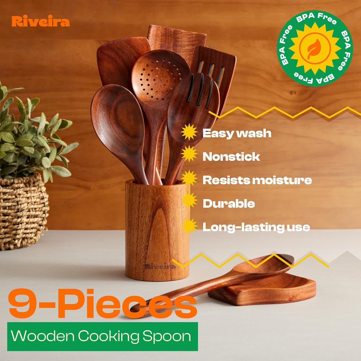 Riveira's 9-Piece Dark Brown Kitchen Essentials Wooden Cooking Utensils Set - Complete Kitchen Utensils Set for Gourmet Results