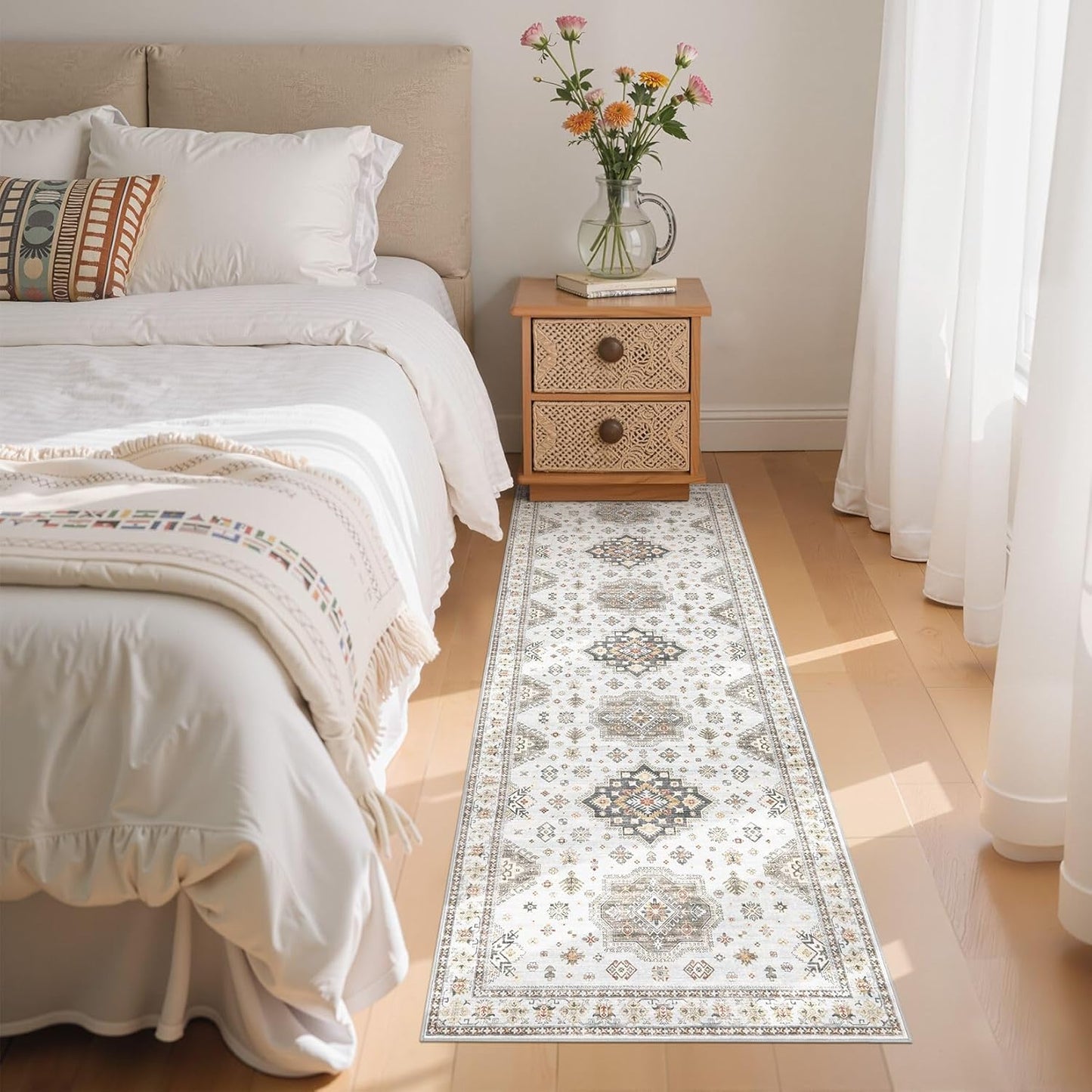 Washable 2x6 Runner Rug - Area Rugs Neutral Vintage Distressed Floral Farmhouse Boho Large Soft Floor Rug Indoor Carpet for Hallway Entryway Bedroom Kitchen - Blue Brown