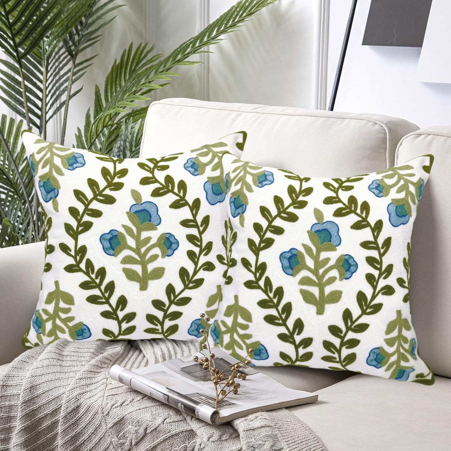Alysheer Floral Embroidered Summer Decorative Throw Pillow Covers 20"x 20" Set of 2, Farmhouse Cottage Blue Flowers Green Leaves Knit Pattern Cotton Canvas Cushion Case for Couch Bed Living Room