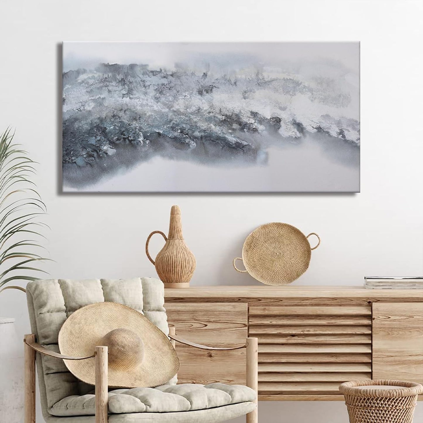 White Abstract Wall Art Decor Grunge Room Decor Art Grey Canvas Wall Decoration 20" x 40"Painting Artwork for Bedroom Home Office Dining Room Decoration