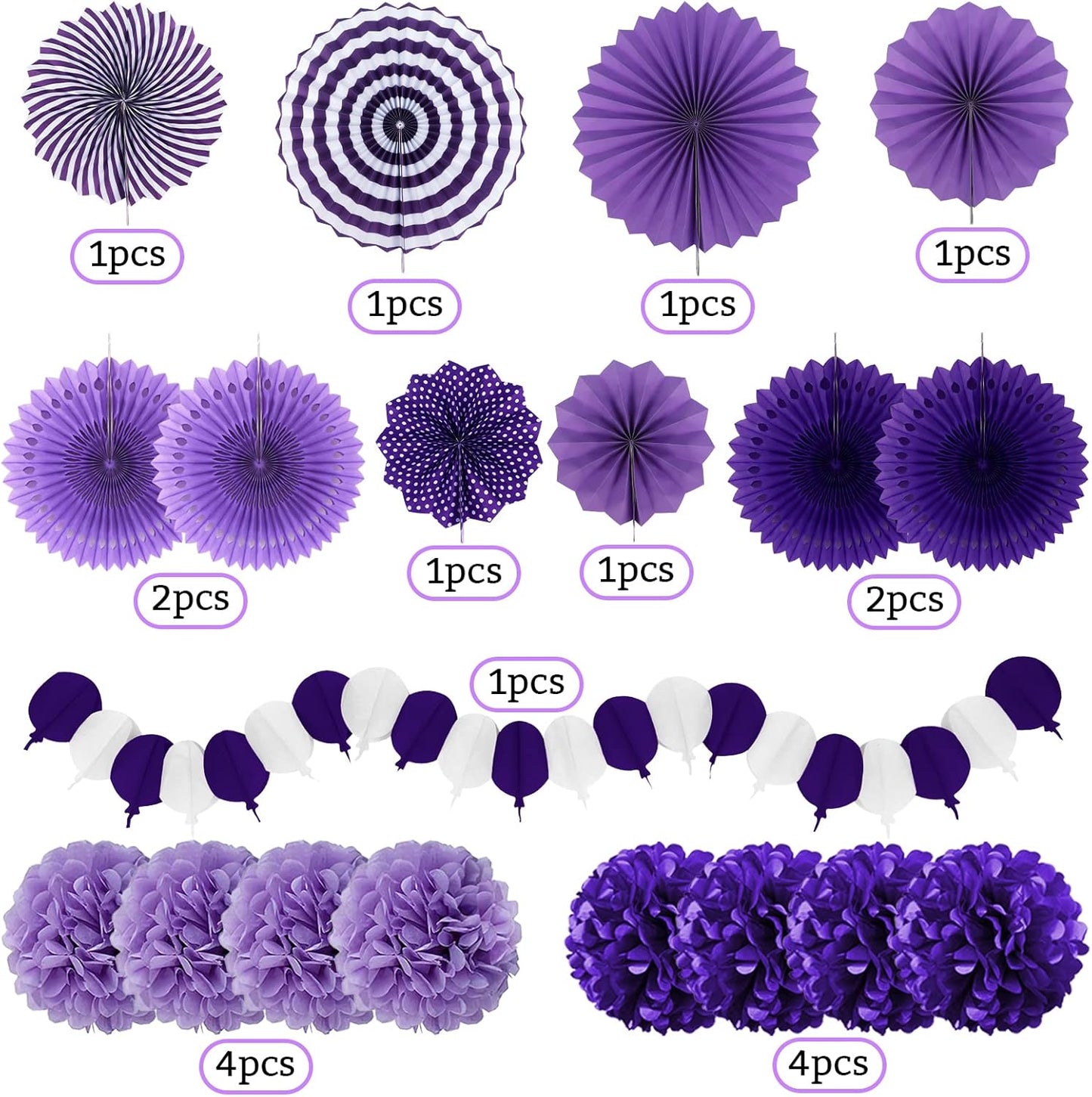 Party Decorations, Purple Papar Fans Pompoms Garlands for Women Girls Mothers Day Bachelorette Wedding Birthday Baby Showers Valentine's Day Party Decorations