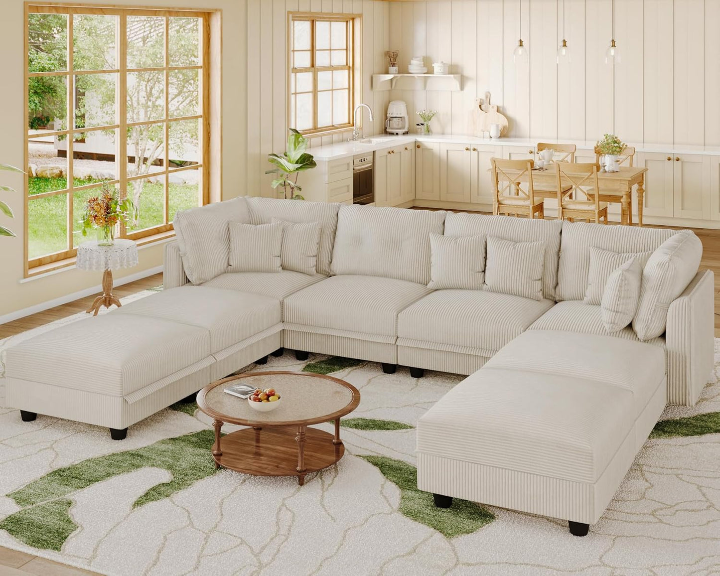 LLappuil Modular Sectional Sofa with Storage Seats, Corduroy Convertible Modular U Shaped Sectional Couch for Living Room, 8 Seat Oversized Sofa with 6 Back Cushion 6 Throw Pillow, Beige