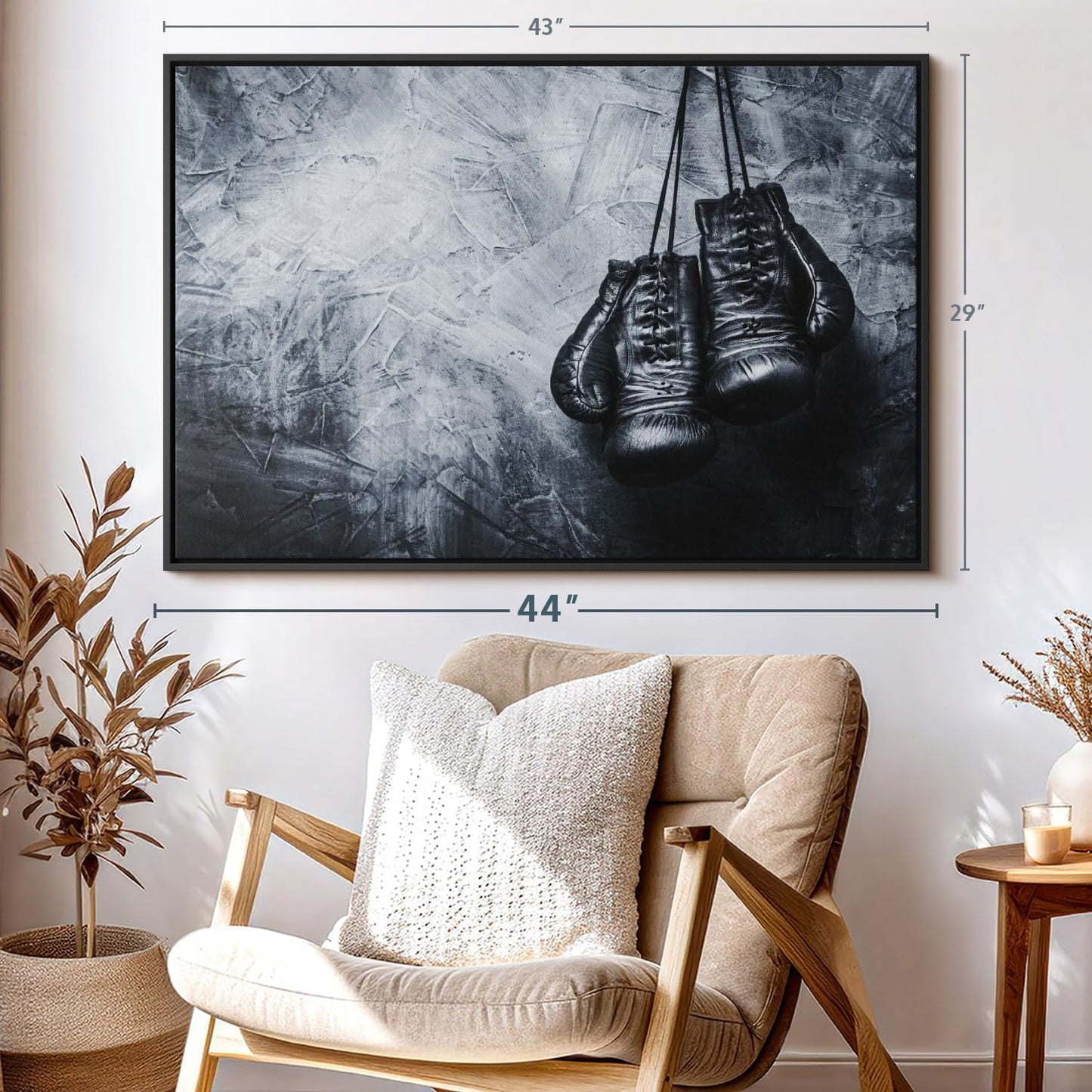 ElephantStock Boxing Gloves Wall Art - Horizontal Framed Canvas - 1-Piece Living Room Wall Decor - Photography Sports Canvas Print - Black and Gray Decor for Wall - 43" X 29"