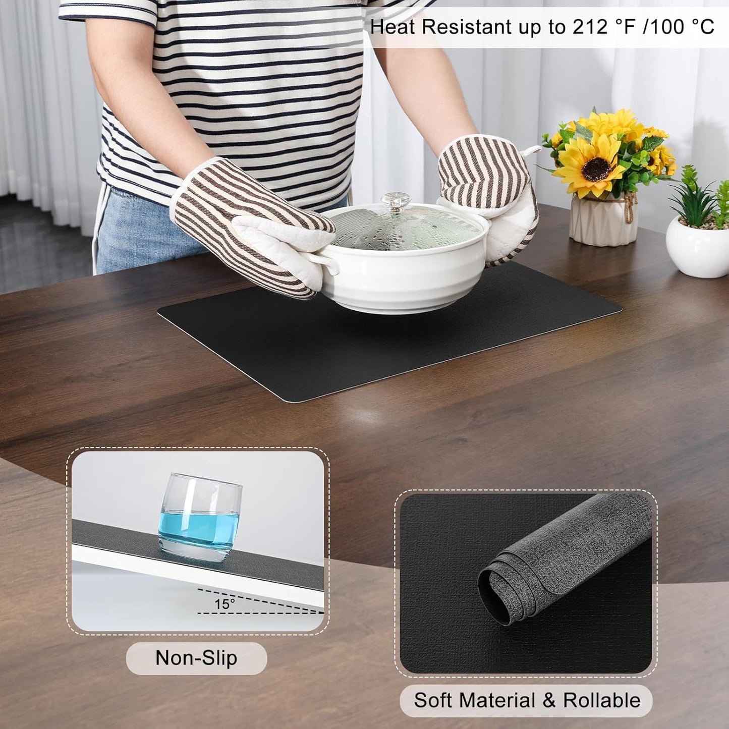 Myir JUN Dual Sided Faux Leather Place Mats Set of 4, Indoor & Outdoor Placemats - Non-Slip, Washable, Square (Gray Black)