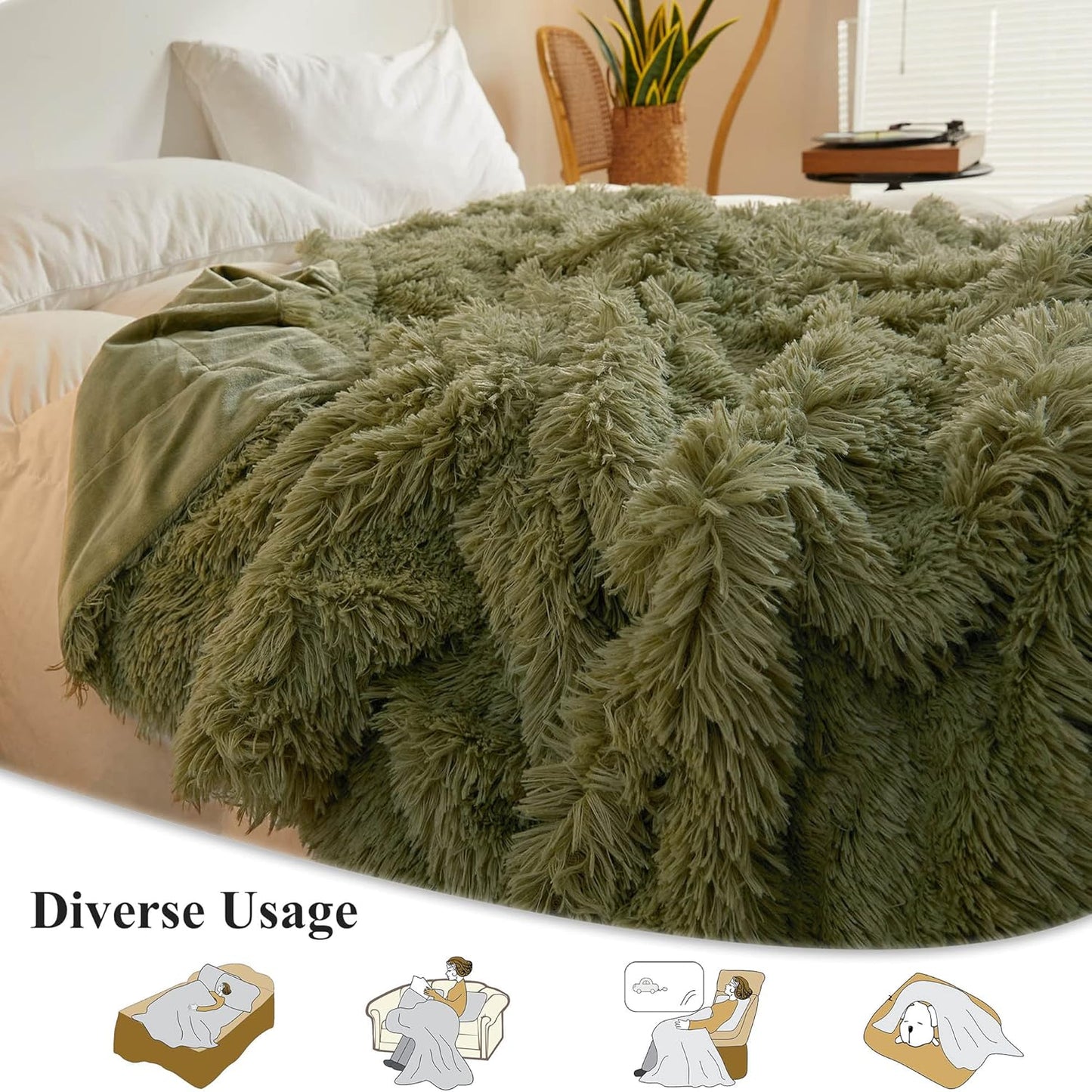 XeGe Luxury Faux Fur Throw, Moss Green Soft 50x60 Fluffy Blanket, Shaggy Plush Decorative Couch Throw, Cute Furry Throw Fuzzy Office Lap Blanket for Bedroom Living Room Sage Green