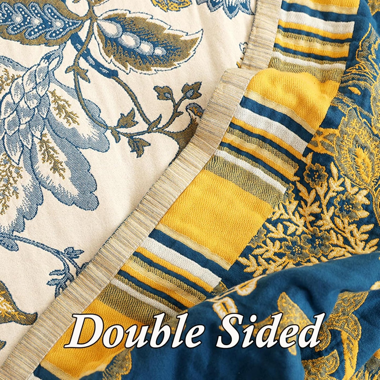 Snycler Boho Throw Blanket for Bed - 100% Cotton Ultra Soft Rustic Quilt - White Blue Floral Printed Farmhouse Decor Bed Blankets, 60"×80" All Season Rustic Throw for Sofa Couch Chair