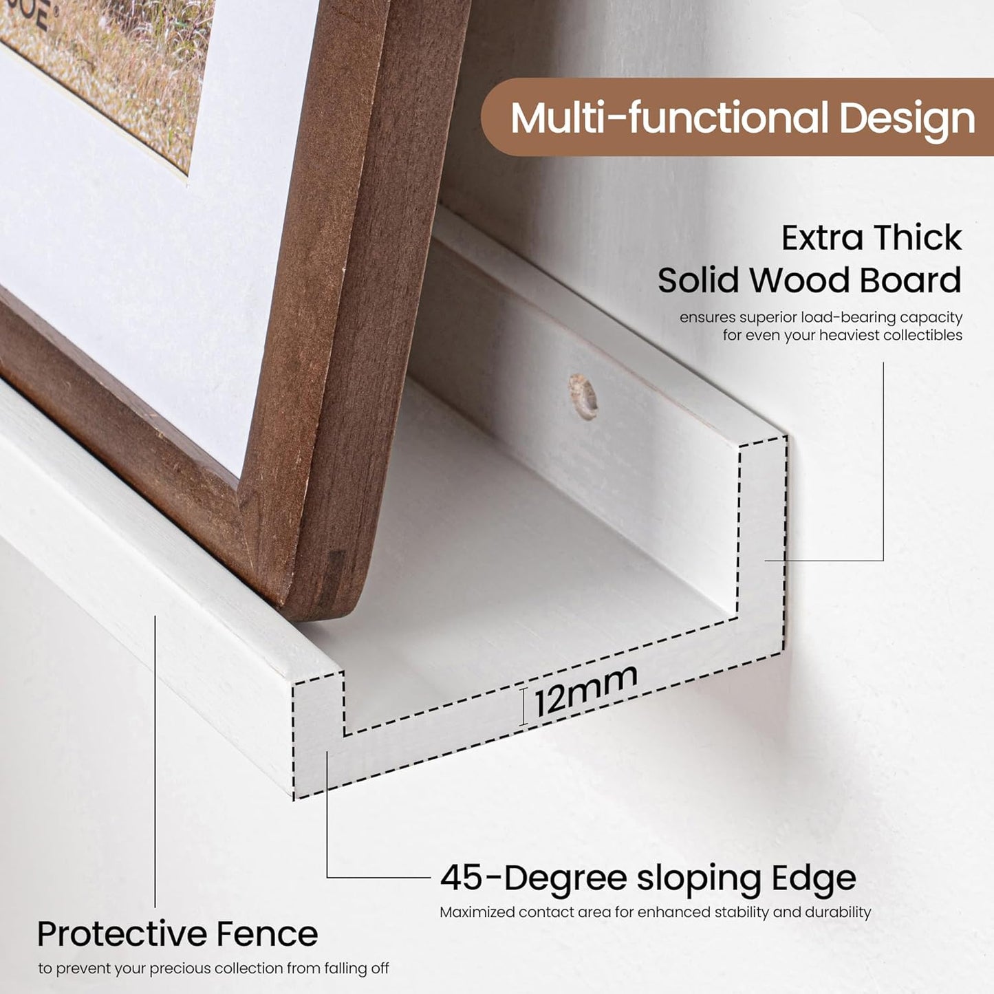 Picture Ledge Shelf, Solid Pine Wood Floating Shelves Set of 2, 40 Inches Nursery Book Shelves for Toys Storage, Kids Bookshelf Wall Mounted for Living Room Bedroom Decor Books Photo Frames, White