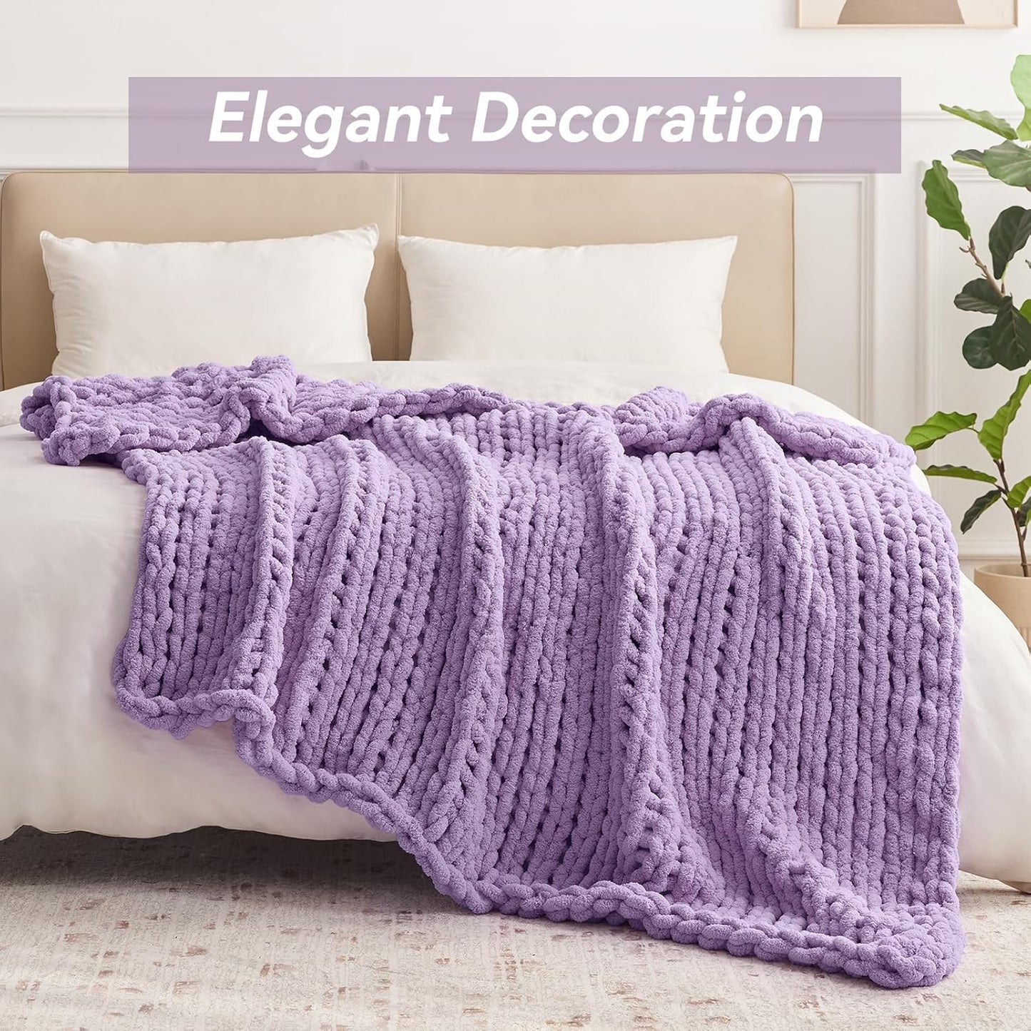 Chunky Knit Throw Blanket, 60''*80'' Knitted Throw Chenille Yarn for Bed Couch, Handmade Light Purple Crochet Big Thick Blanket, Machine Washable Cute Comfy Blanket for Home Decor
