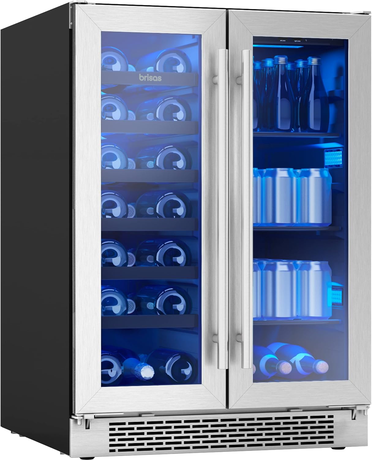 Zephyr Brisas 24 Inch Wine Fridge Dual Zone Under Counter Countertop Wine and Beverage Cooler Cabinet Home Bar Drink Beer Freestanding Refrigerator with French Door 21 Bottles 64 cans