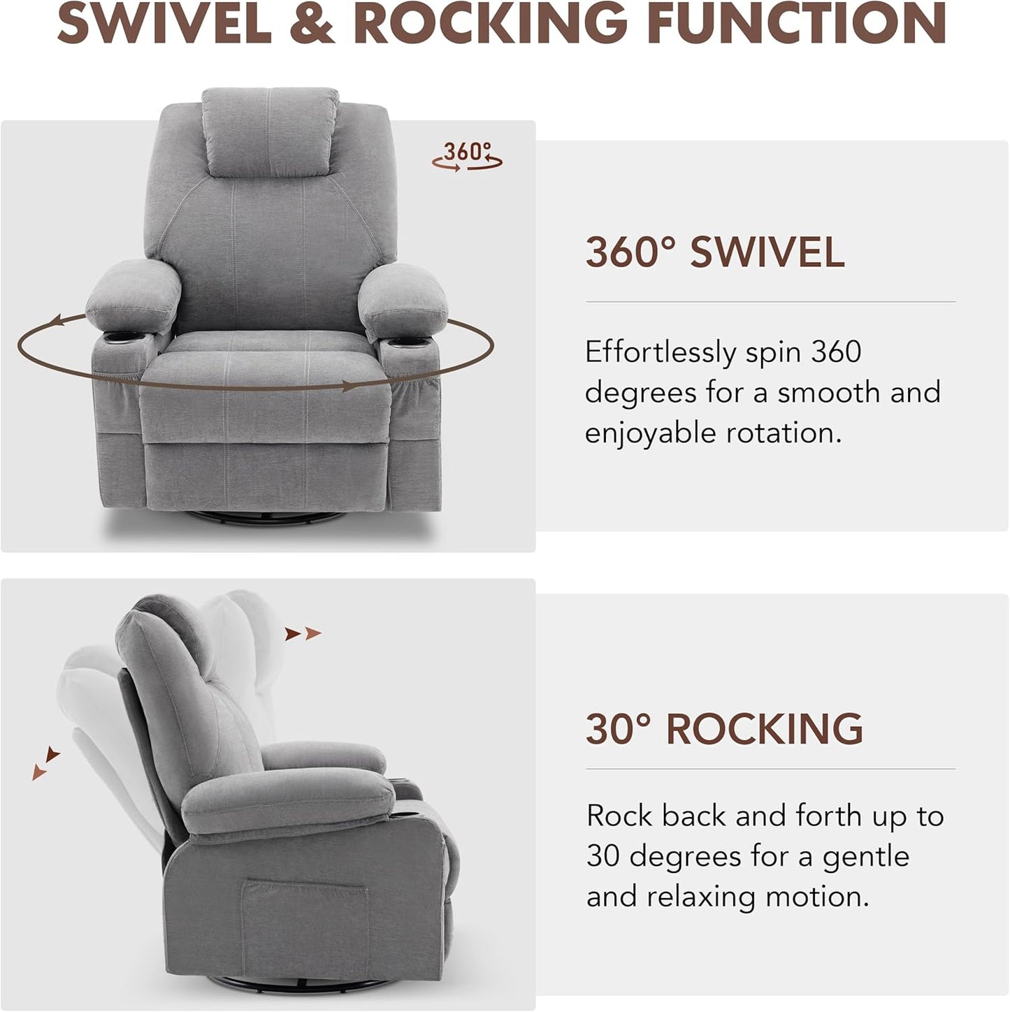 Swivel Rocker Recliner Chair with Heat and Massage, 360 Degree Swivel Recliner Chair with Cup Holders and USB Port, Big Oversized Rocking Single Sofa for Living Room (Fabric, Grey)