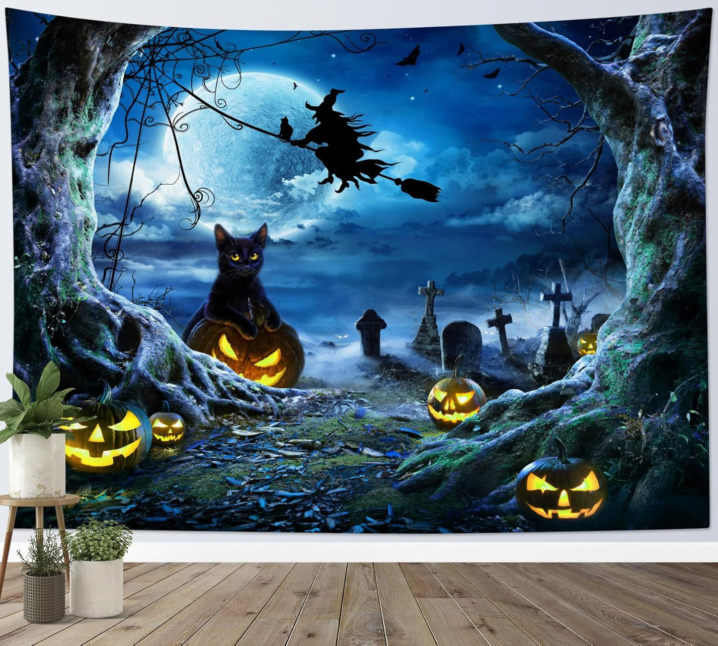 LB Halloween Wall Tapestry 60x40 Inch - Spooky Graveyard Scene with Witch, Black Cat, Pumpkin, Full Moon & Dead Tree Decor for Bedroom, Living Room, Dorm, Party
