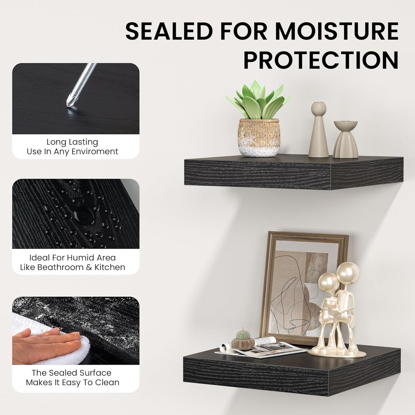 Square Floating Shelves for Wall, 10" W x 10" D x 1.2" H, Small Wooden Wall Mounted Display Shelves with Invisible Brackets for Living Room, Bedroom, Bathroom, Kitchen Decor, Set of 4, Black