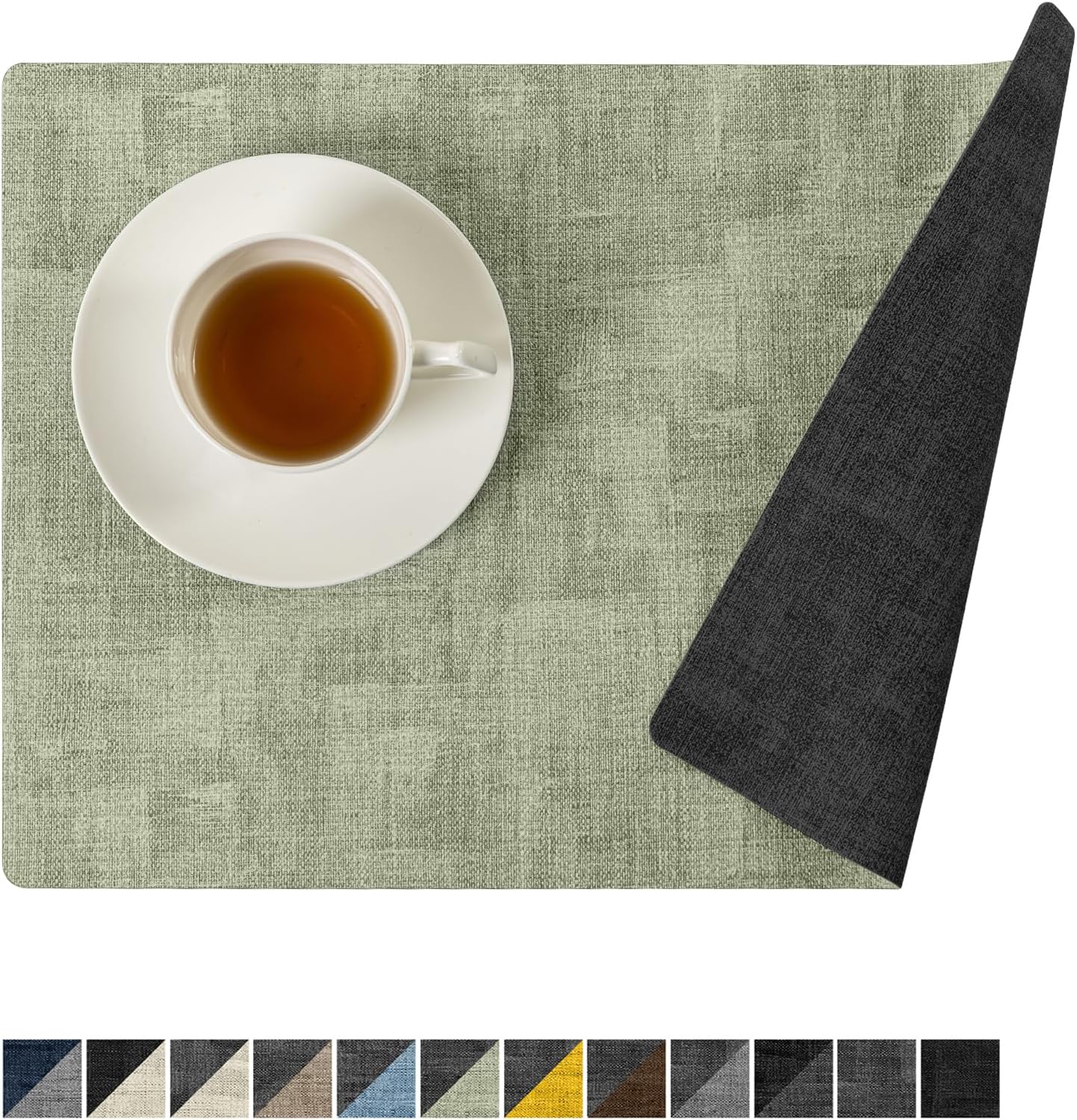 Romanstile Reversible Vinyl Placemats Set of 8, Faux Leather 100% Waterproof Oil-Proof Wipeable Place Mats, Heat Resistant Dual Sided Table Mats for Kitchen/Dining/Party (Grey Green, 12 x 17 Inch)