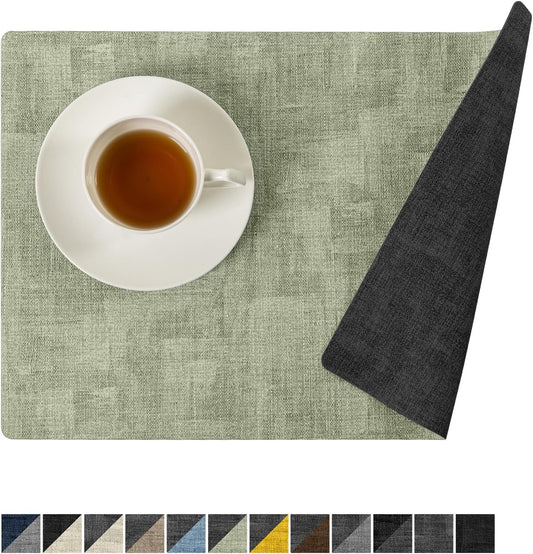 Romanstile Reversible Vinyl Placemats Set of 8, Faux Leather 100% Waterproof Oil-Proof Wipeable Place Mats, Heat Resistant Dual Sided Table Mats for Kitchen/Dining/Party (Grey Green, 12 x 17 Inch)