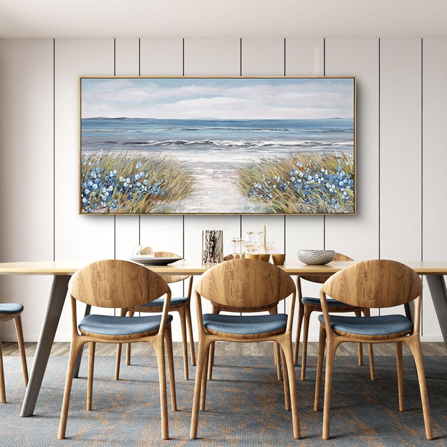 XLSJERST Large Framed Wall Art for Living Room Decor - Farmhouse Boho Beach Coastal Vintage Floral Ocean Wall Picture Flowers Sea Canvas Print Artwork for Home Bedroom Office 29x58