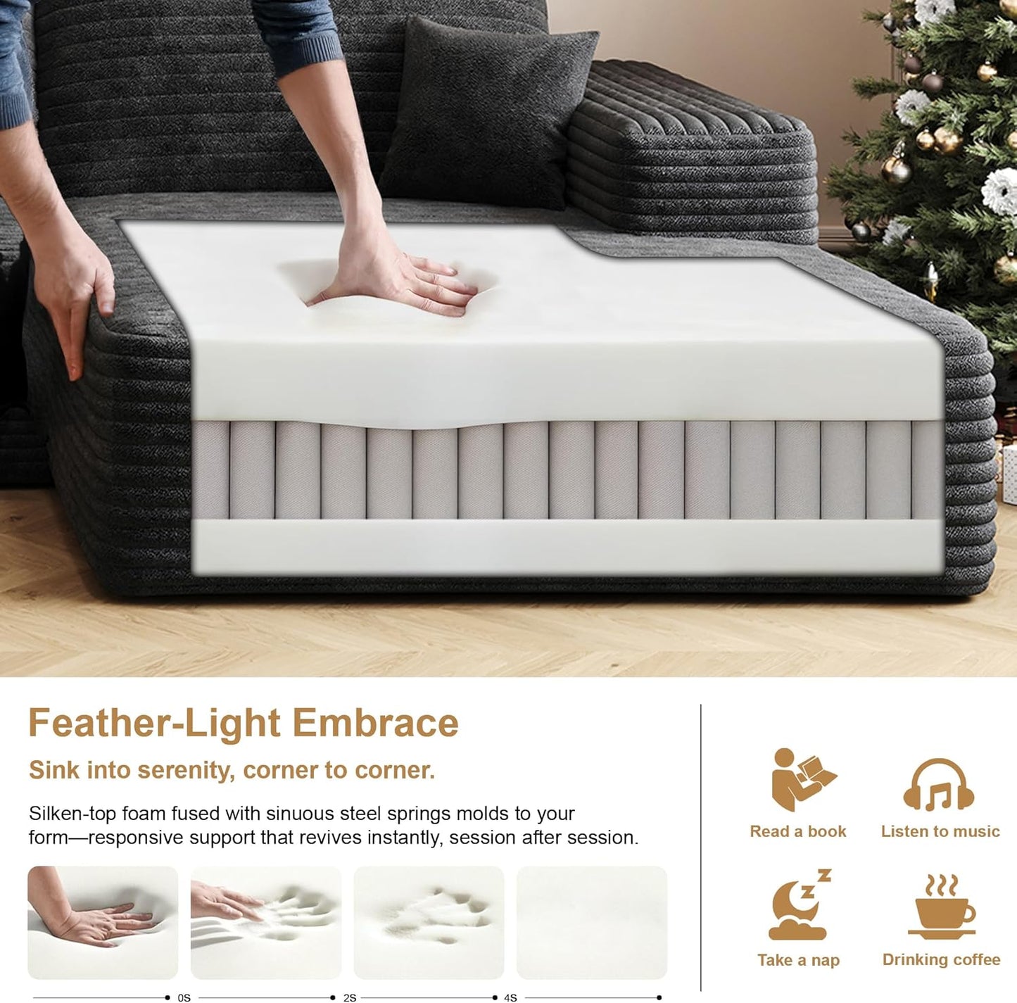 136" Sectional Couches for Living Room Modern Modular Sofa with L-Shape Couchs Upholstered Boneless Couch Deep Seat Sectional Couch with Chaise (Black, Right Facing Chaise+3Seaters+Ottoman)