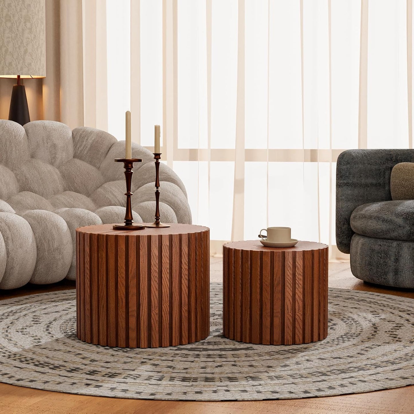 Round Nesting Coffee Table Modern Fluted Coffee Table Set of 2 Stripe Round Coffee Tables Circle Drum Coffee Tables for Living Room (Walnut Small)