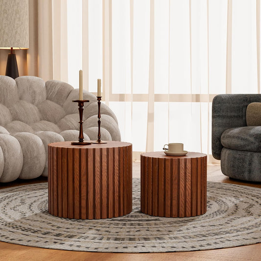 Round Nesting Coffee Table Modern Fluted Coffee Table Set of 2 Stripe Round Coffee Tables Circle Drum Coffee Tables for Living Room (Walnut Small)