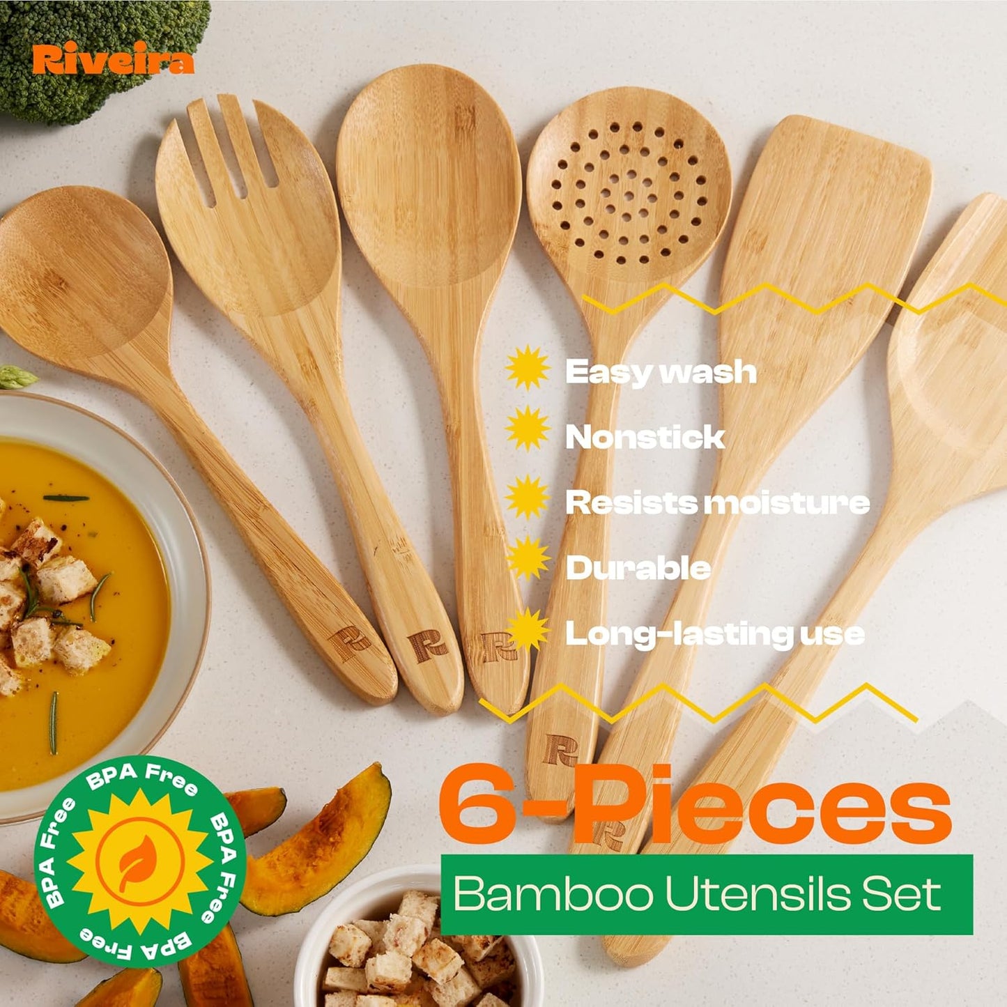 Riveira Brown Bamboo Wooden Spoons for Cooking Set of 6 – Natural Brown Bamboo Wooden Cooking Utensils, Wooden Spatula, Wooden Spoon - Premium Quality Wooden Utensil Set for Non-Toxic Cooking