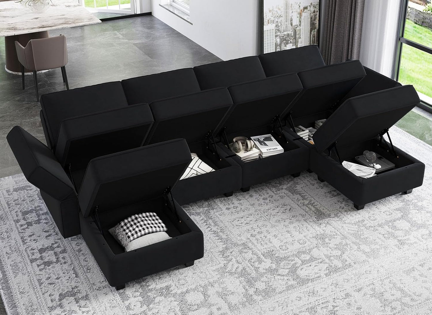 Belffin Modular Sectional Sofa with Reversible Chaises Velvet U Shaped Sectional Couch with Storage Seat Black