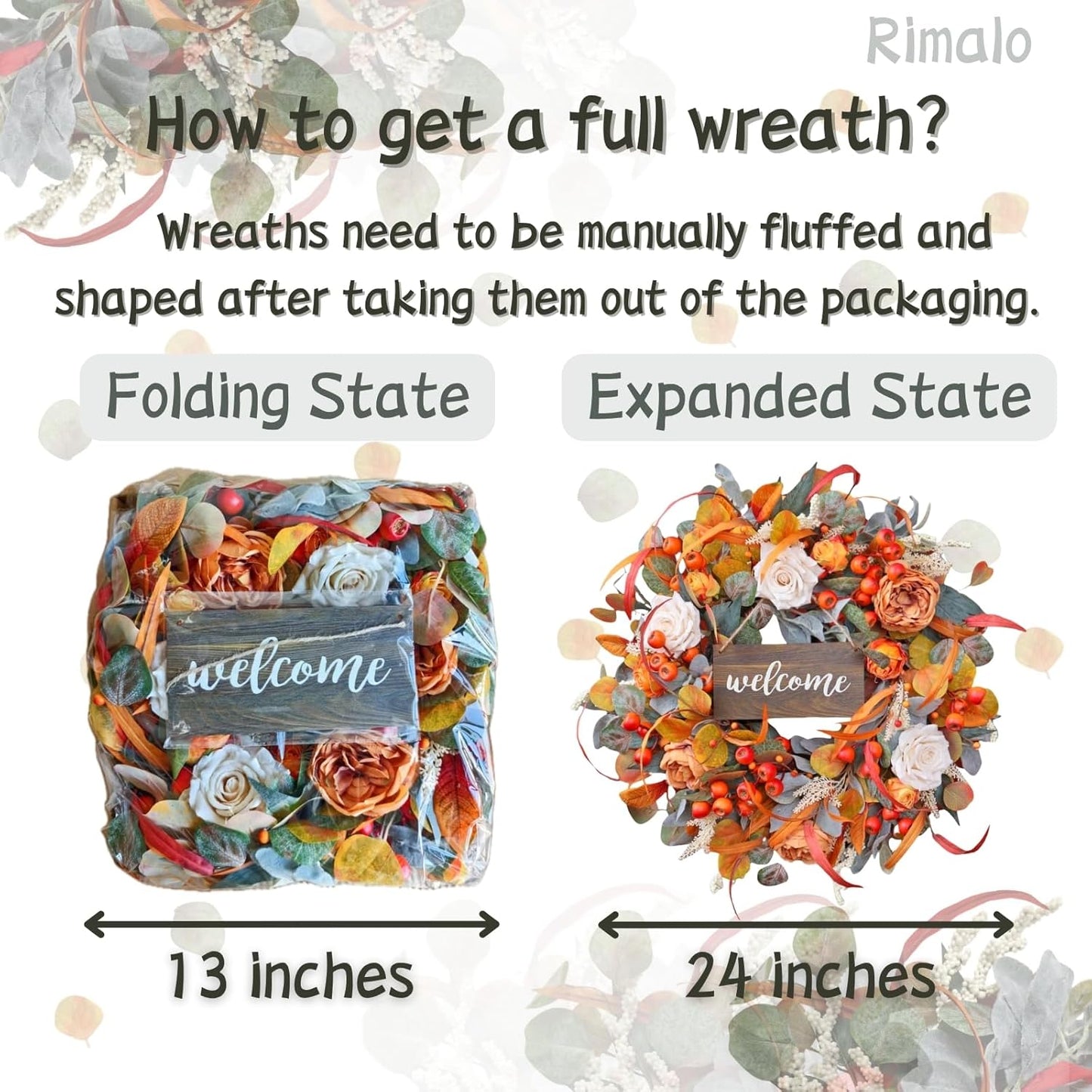 Fall Wreath for Front Door, 24 Inch Autumn Wreath with lamb's Ear Leaves, Roses, Berries & Wooden Sign,Fall Decorations for Home, Artificial Flowers Harvest and Thanksgiving Indoor & Outdoor