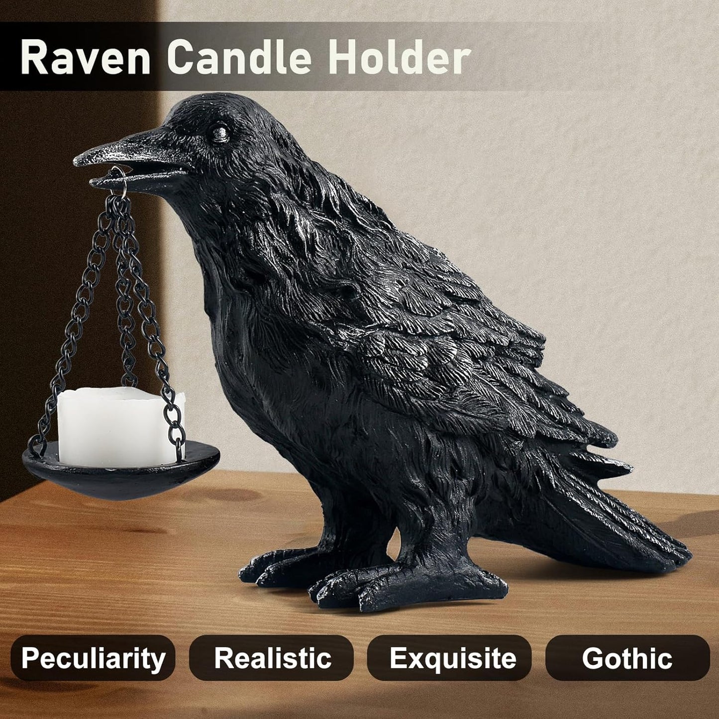 Raven Gothic Home Decor Fake Crow Light Holder Raven Lamp Tealight Candle Holder Resin Raven Statue Wearing Silver