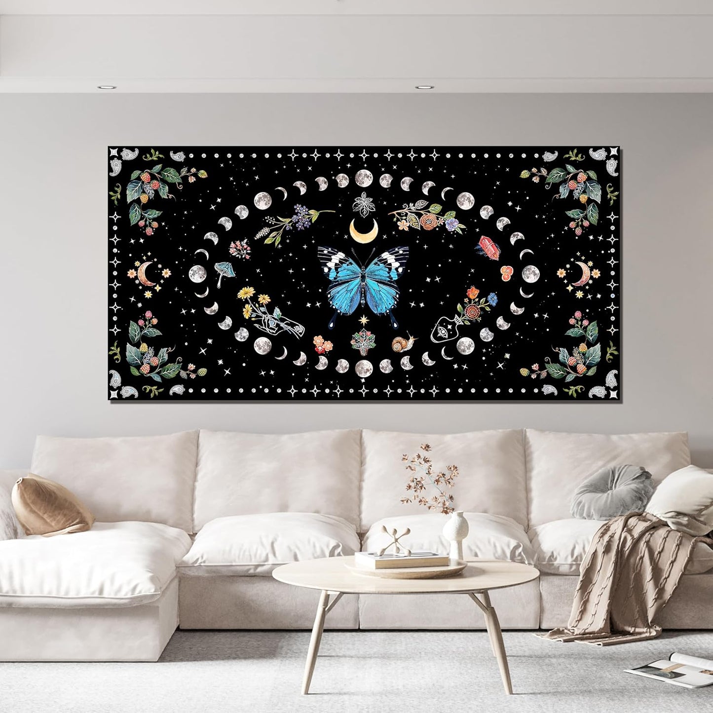 Canvas Wall Art Prints Blue Boho Wall art Decor Abstract Canvas Art Wall Decor Wall Pictures for Living Room Vintage Butterfly Wall Art Moon Flower Large Artwork for Walls Home Room Decor 24"X48"