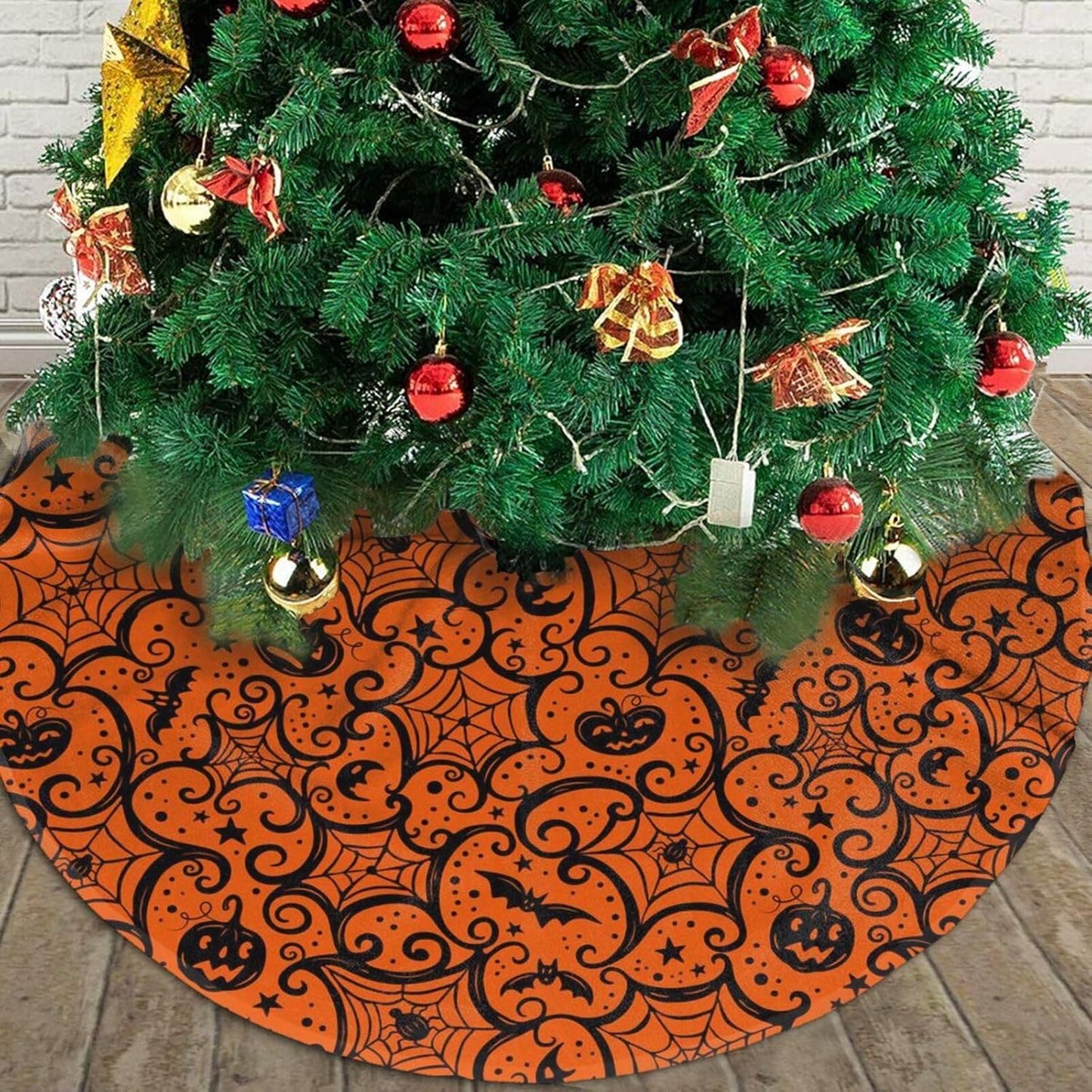 Christmas Tree Skirt,Halloween Pumpkin Xmas Tree Skirt Rustic Farmhouse Tree Skirt for Christmas Decor Xmas Holiday Home Party Decorations30