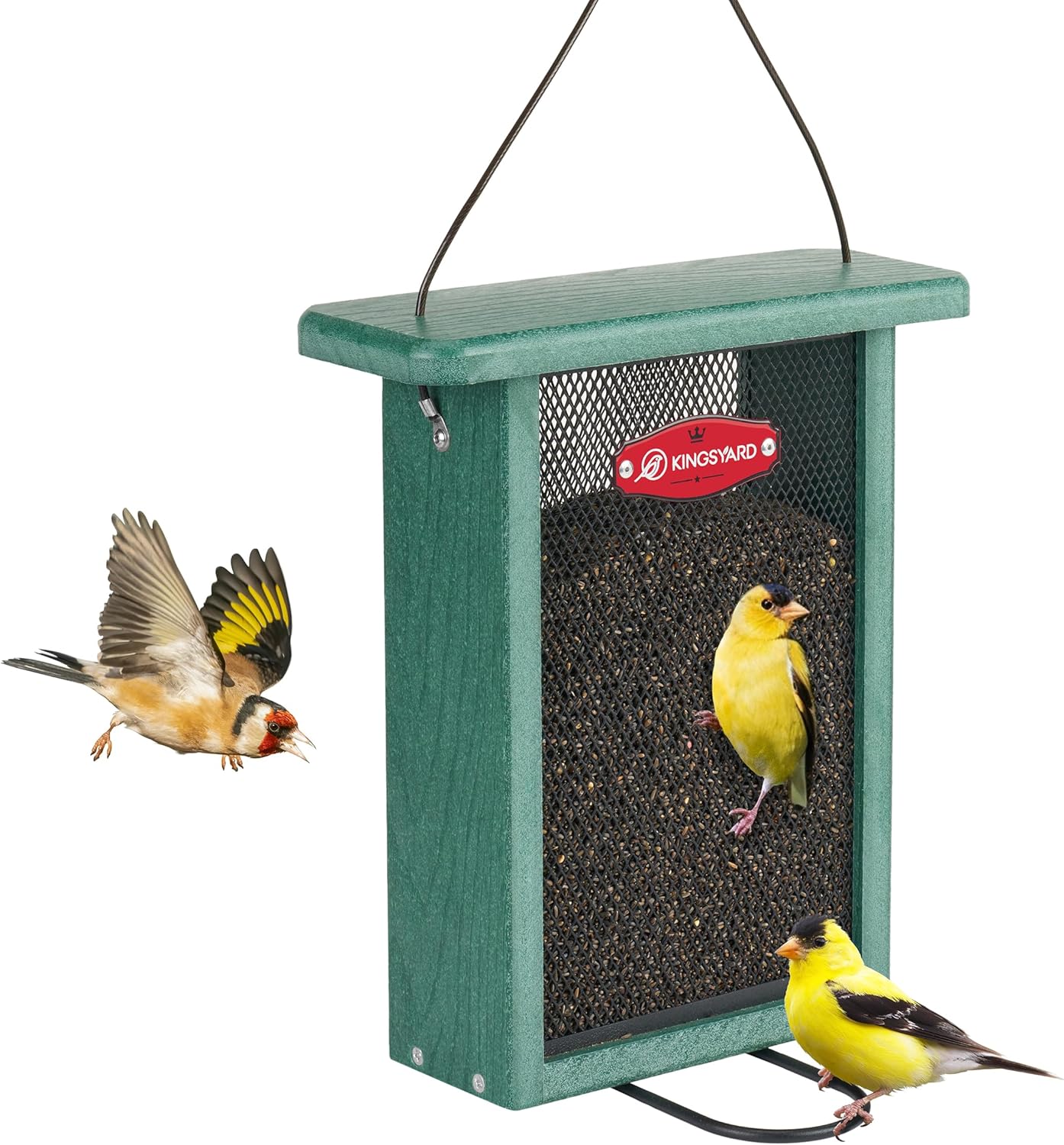 Kingsyard Metal Mesh Bird Feeder for Outdoors Hanging, Finch Feeder for Nyjer/Thistle, Sliding Mesh & Built-in Perch, Recycled Plastic, Green