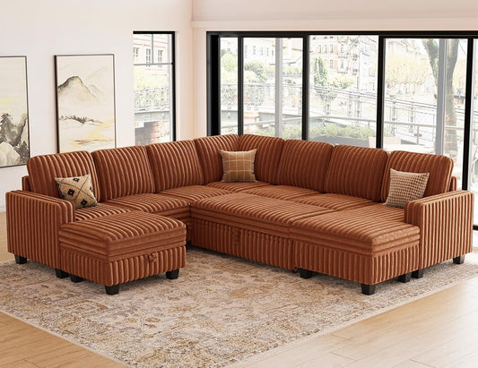 Belffin Oversized Sofa Bed Modular Sectional Sleeper Sofa with Pull Out Bed L Shaped Couch with Storage Chaise Brick Red Couch