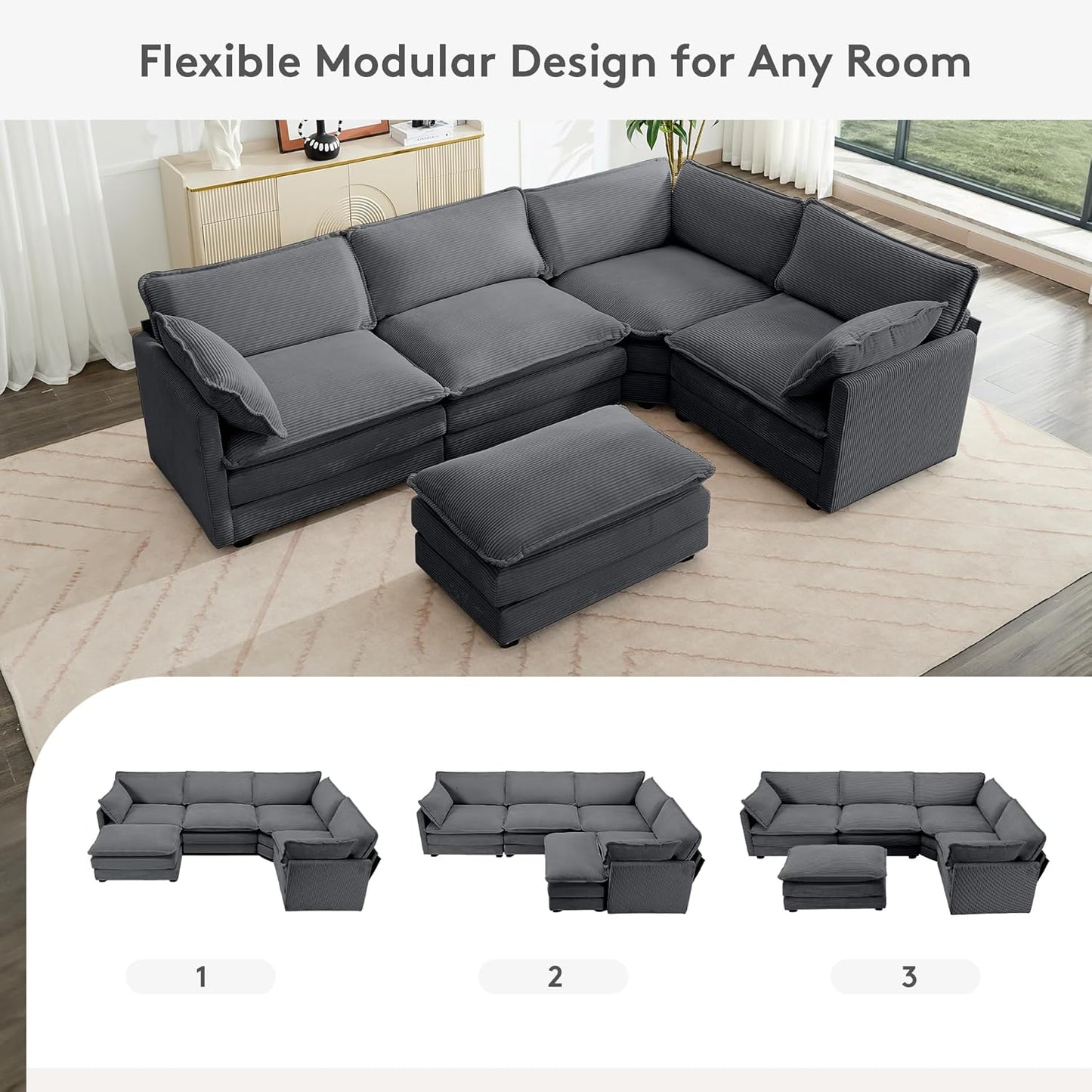 ROWHY 113'' Modular Sectional Cloud Couch, 5 Seater Corner Sofa Big Comfy Corduroy Oversized L Shaped Couch with 2 Pillows, Ottoman, Deep Seat Sectional Couches for Living Room Office, Dark Grey