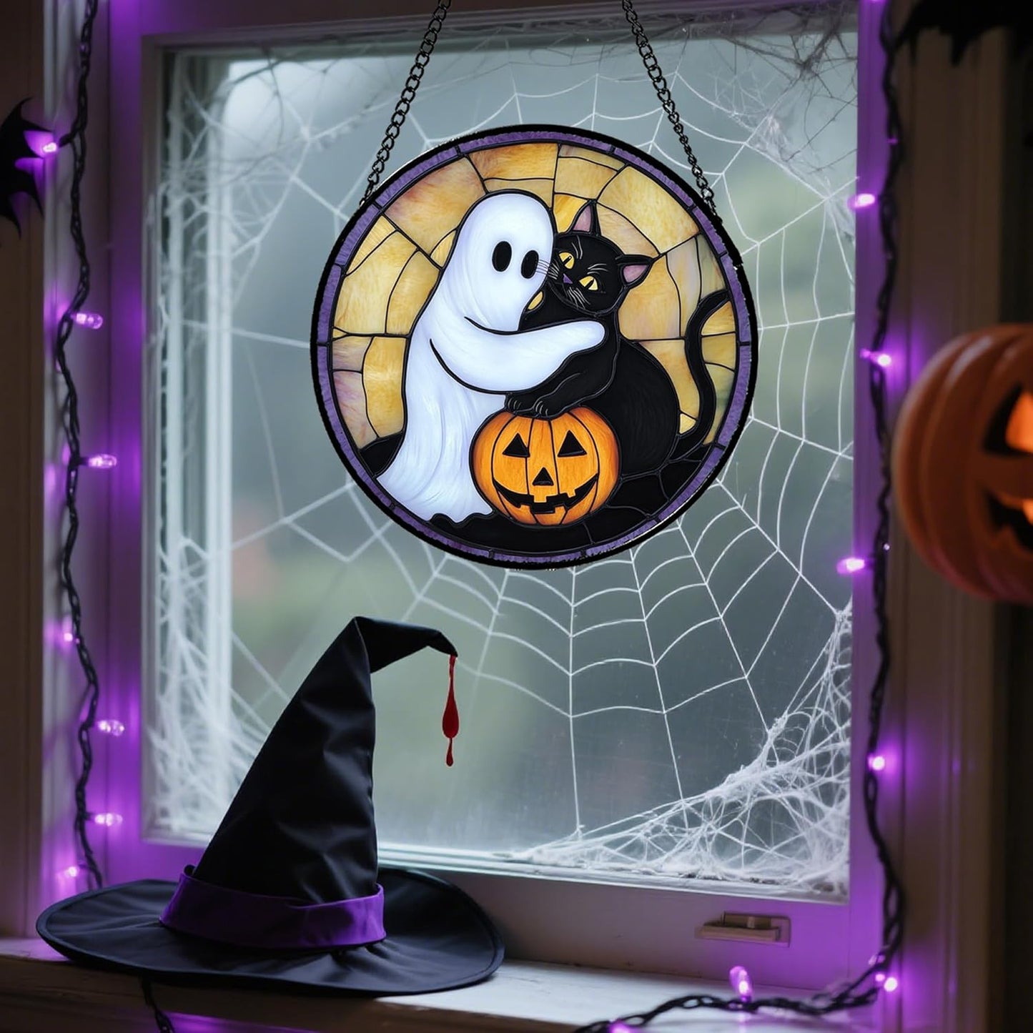 Stained Glass Window Hanging - Halloween Decorations Cute White Ghost Black Cat Suncatcher for Doors Garden Spooky Sun Catchers Gothic Decor Horror Gifts for Women Men Friend Boy 11.8 in
