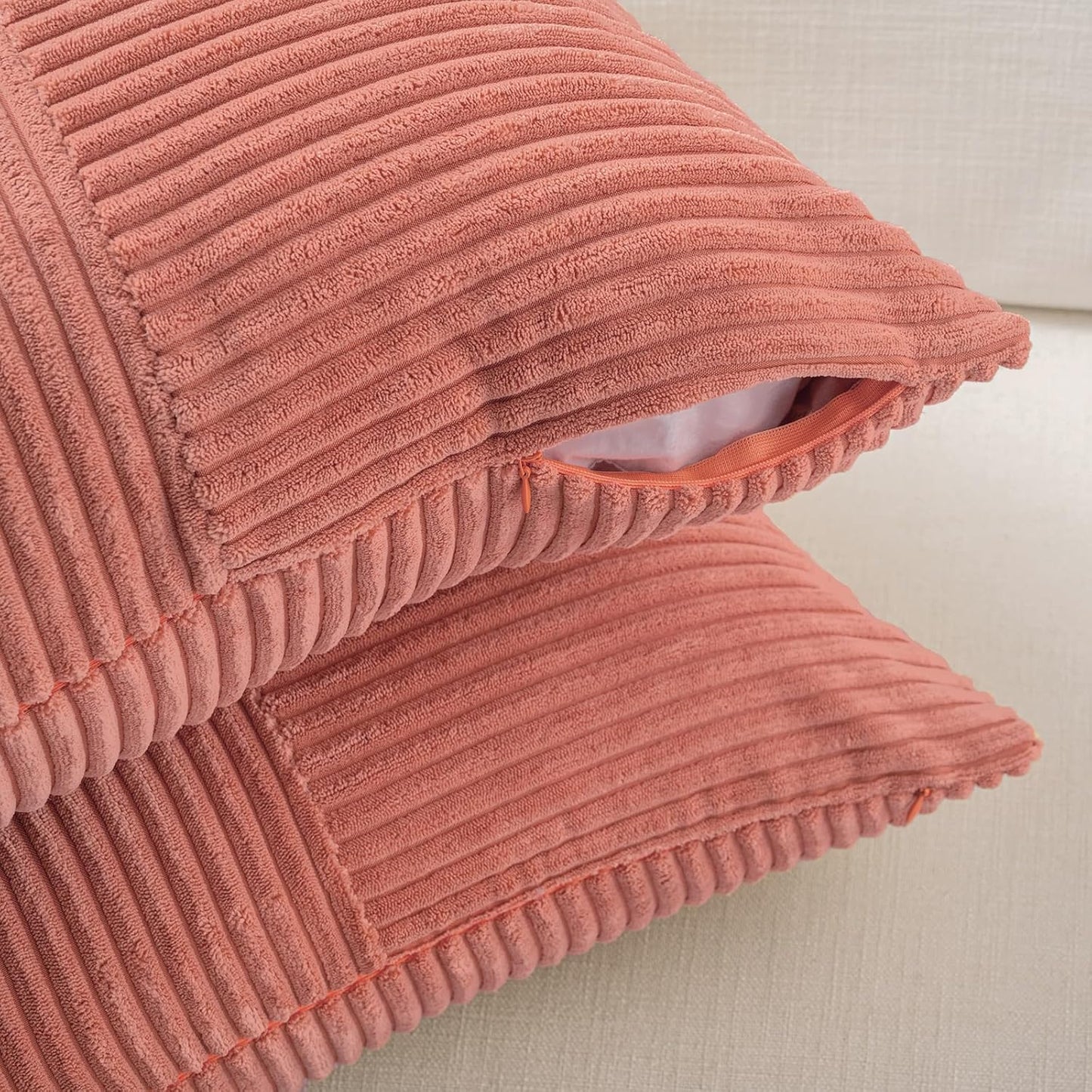 Fancy Homi 2 Packs Coral Lumbar Decorative Throw Pillow Covers 14x24 Inch for Living Room Couch, Rustic Farmhouse Boho Home Decor, Soft Striped Corduroy Rectangle Accent Peach Cushion Case 35x60 cm