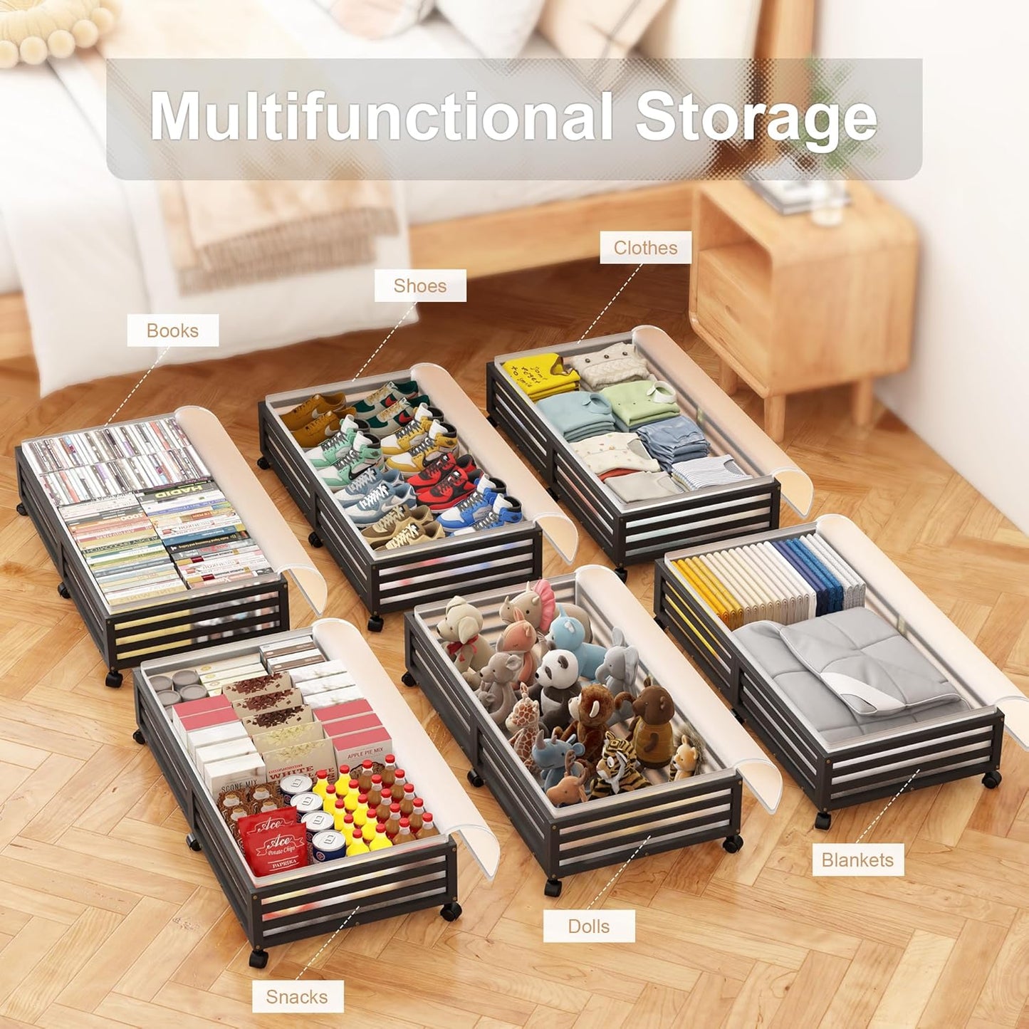 Under Bed Storage with Wheels-Large Bamboo Underbed storage Containers with Large Dust Bag Stackable Under the Bed Shoe Storage Bins for Clothes Books Bedding (2 Packs Black, 33.07"L×16.54"W× 6.5"H)