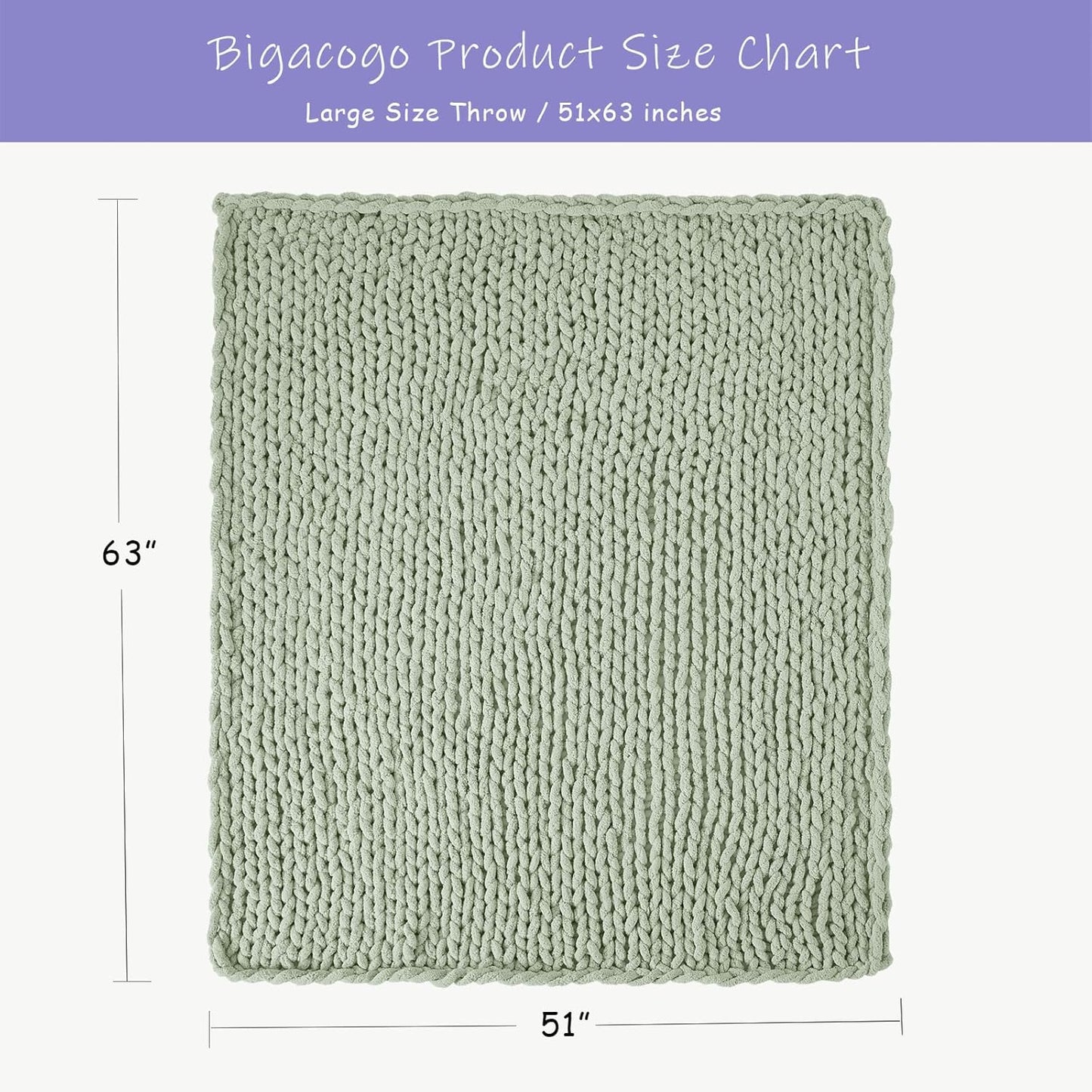 Bigacogo Chunky Knit Throw Blanket for Couch, 51x63 inches, 100% Hand Knitted with Thick Jumbo Chenille Yarn, Cozy Soft Large Rope Knot Cable Crochet Blankets for Sofa Bed Living Room, Sage Green