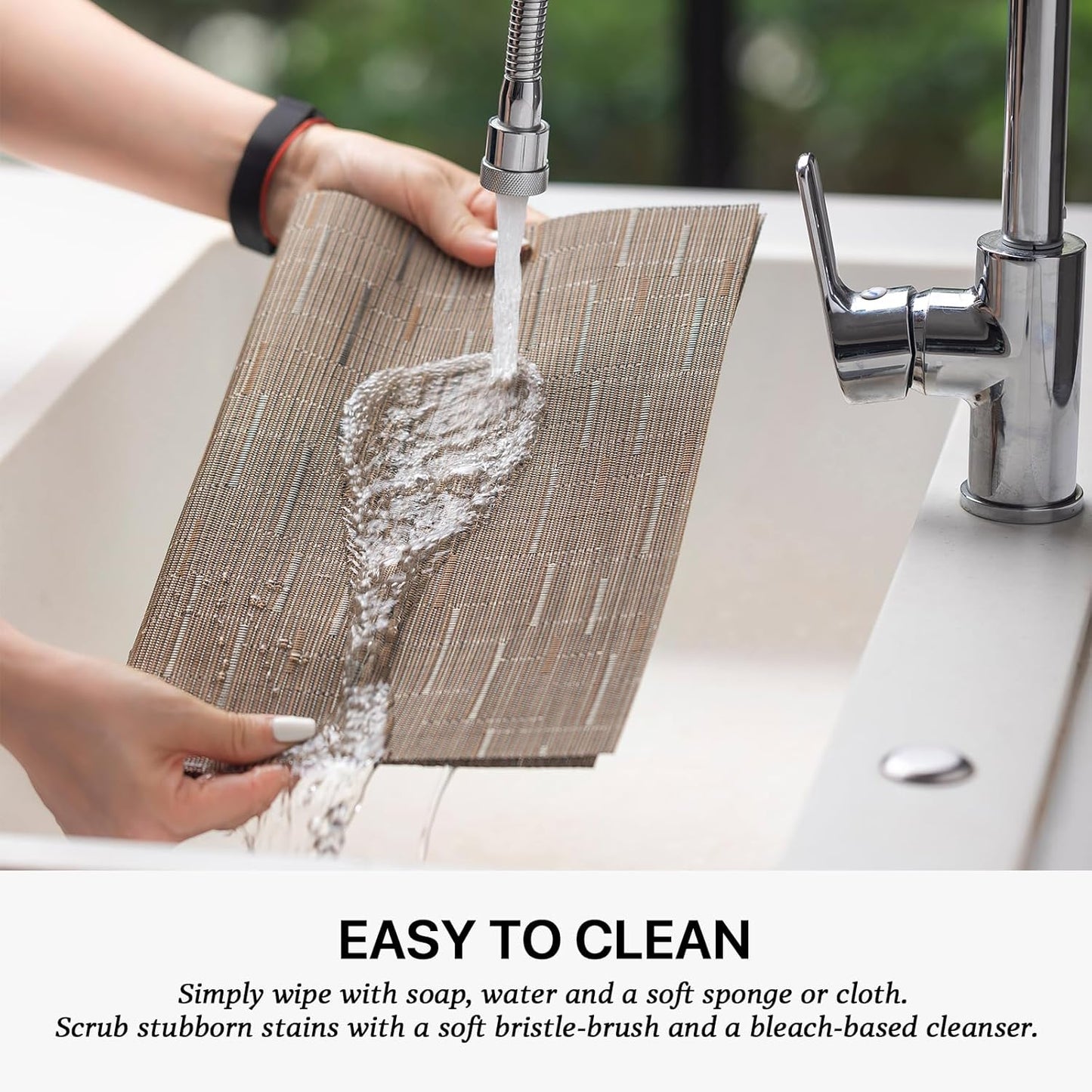 LEXMORE Placemats Set of 4 Vinyl/Plastic Woven Place Mats for Kitchen Table Indoor/Outdoor Washable Placemat Wipeable Dining Table Mats(Light Brown)