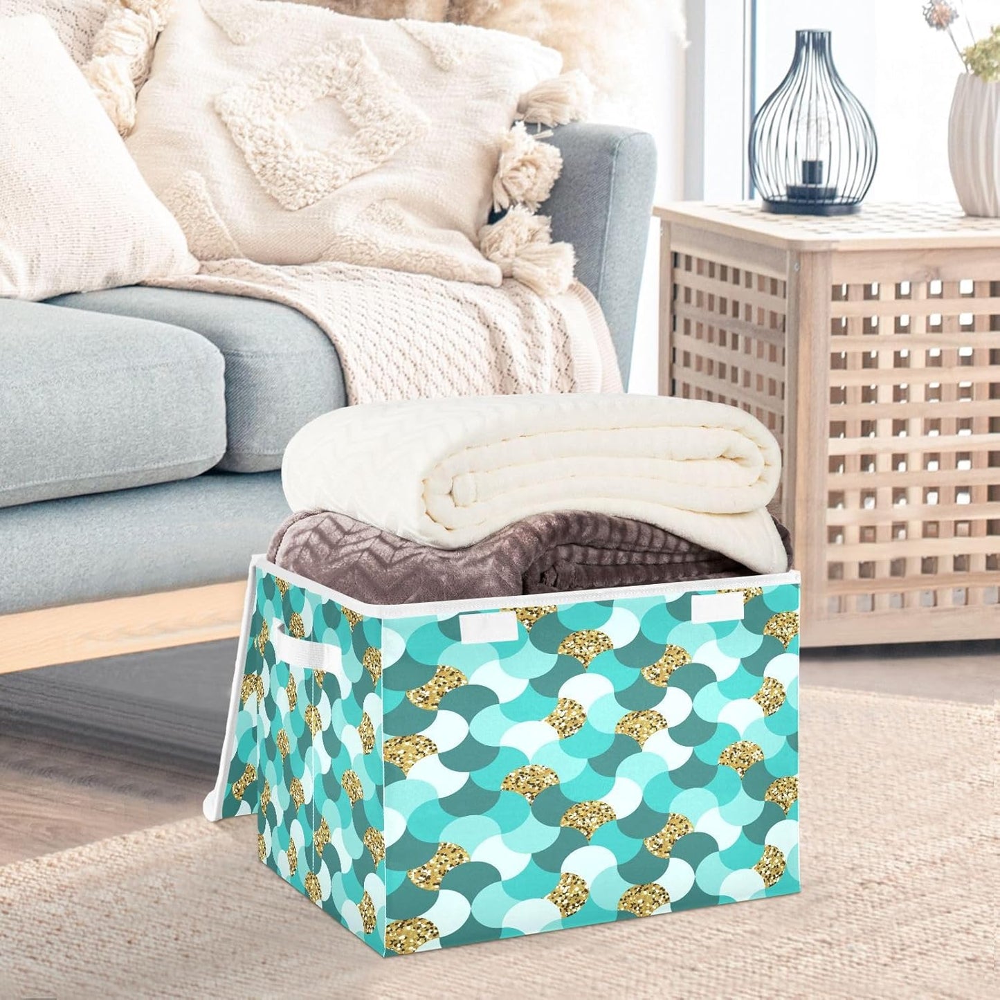 susiyo Abstract Sand Sea Waves fabric storage baskets with lids,Collapsible Storage Boxes,Foldable storage boxes with handles for Home,Office,Closet Organization