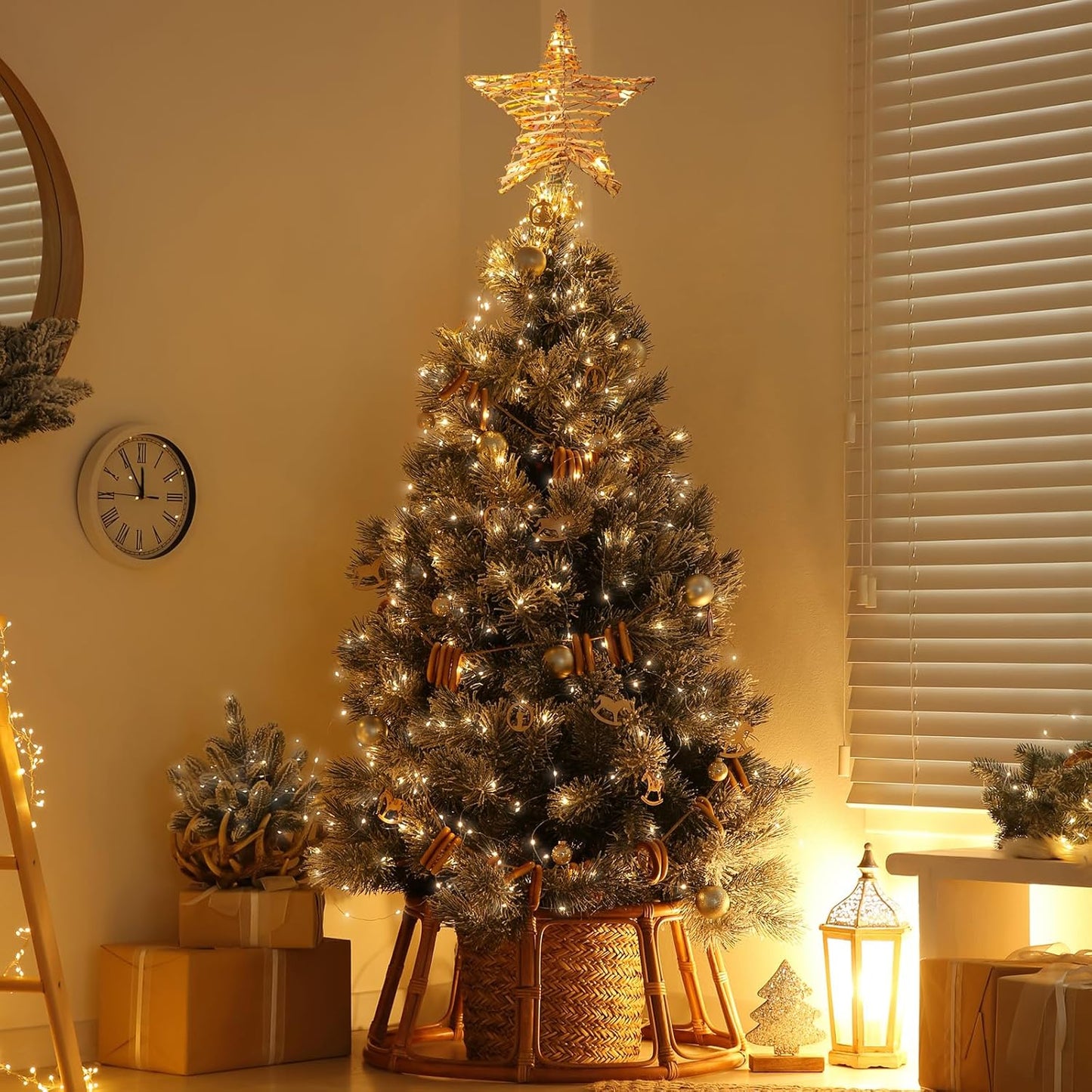 Rattan 3D Star Tree Topper - 12" Rustic Rattan Star with Built-in 10-Bulb String Lights for Christmas Tree Decoration