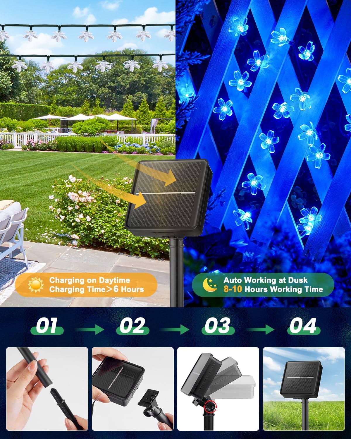 Brightown 2 Pack Total 52FT 120 LED Solar Flower String Lights for Outside Waterproof Fairy Lights for Garden Yard Fence Patio Christmas Tree Wedding Party Decor, Blue