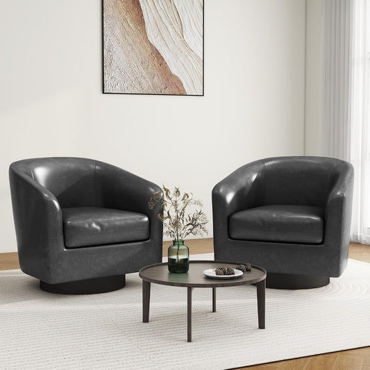 Swivel Barrel Accent Chair, Modern Round Faux Leather Arm Chair for Living Room, Bedroom, Comfy Club Reading Chairs for Adults (Faux Leather, Black Grey, Set of 2)