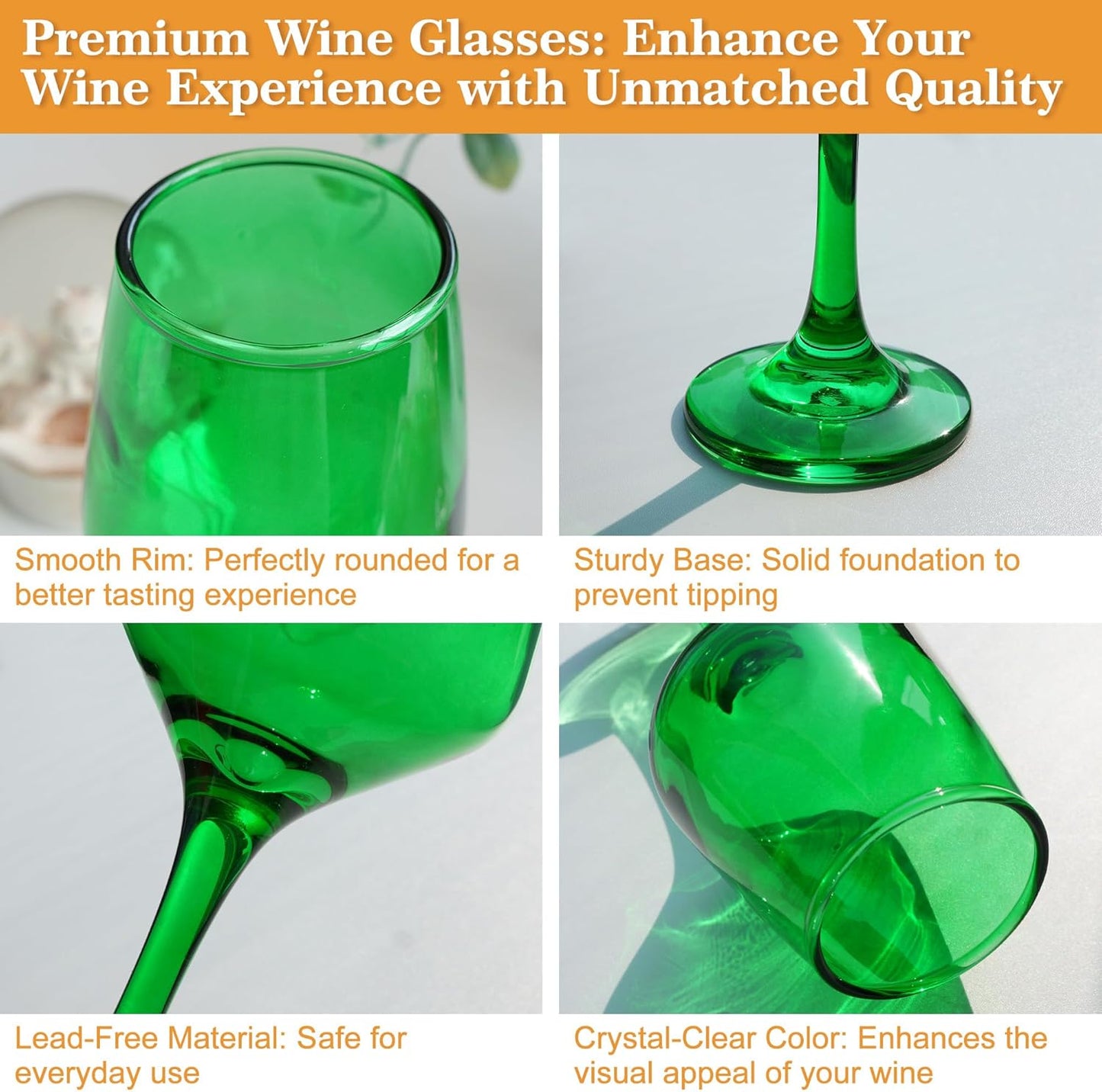 Green Wine Glasses Set of 6-12oz Green Long Stem Wine Glass Cups, Pretty Crystal Glassware, Hand Blown Goblets Drinkware, Unique Drinking Stemware Holiday Gift Set